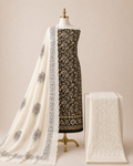 Soft Cotton Hand Blocked Ajrakh with Chikan Work Bottom 3pc Unstitched Dress Material