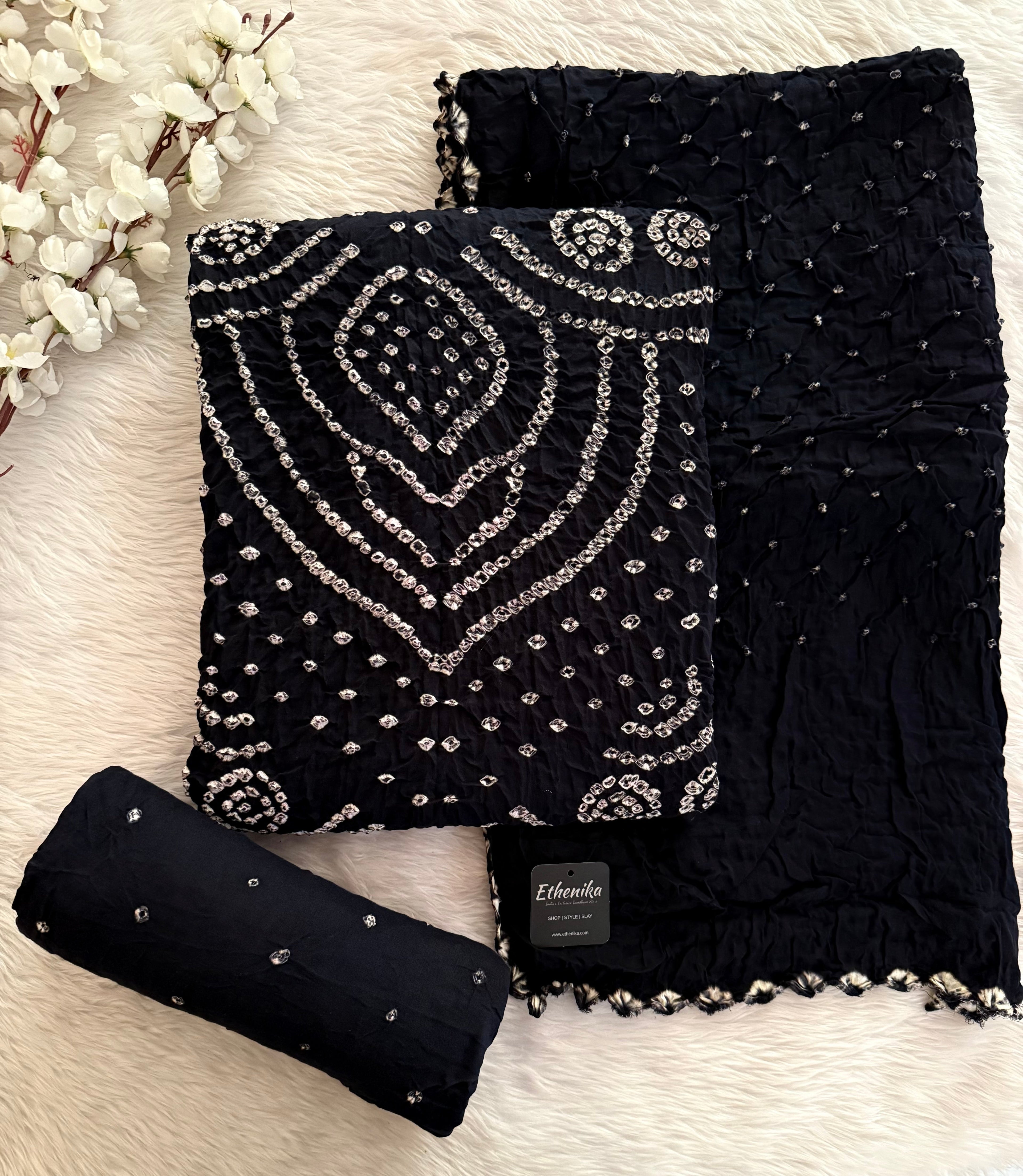 Cotton Satin Self Color Authentic Kutch Hand Crafted 3Pc Bandhani Dress Material (Unstitched)
