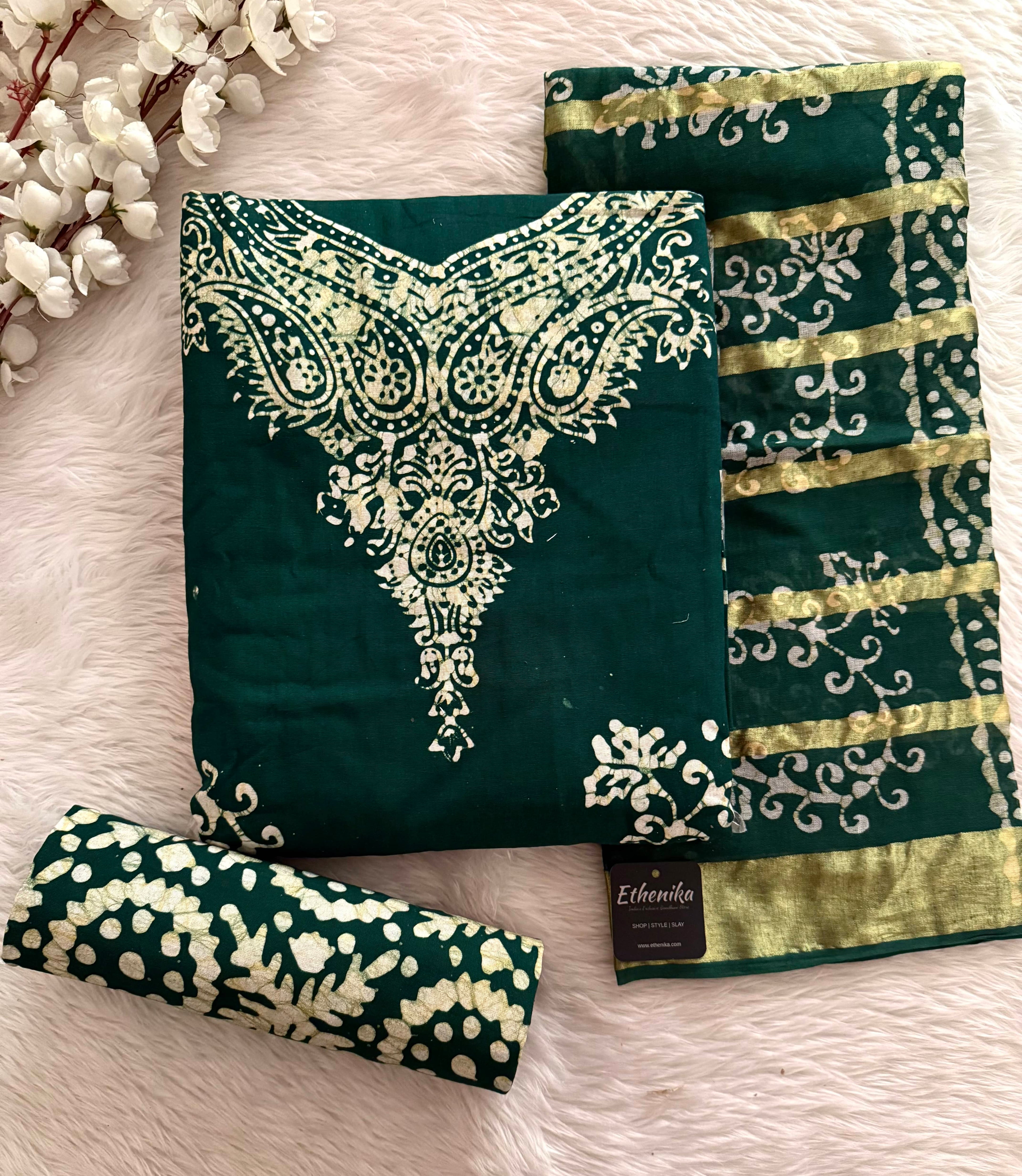 Cotton Hand Blocked Wax Batik Unstitched Dress Material