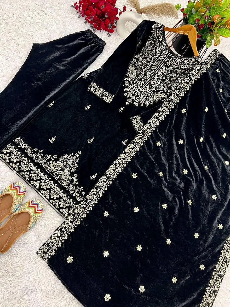 Ethenika Thread Embroidery Work Winter Wear Velvet Suit for Women