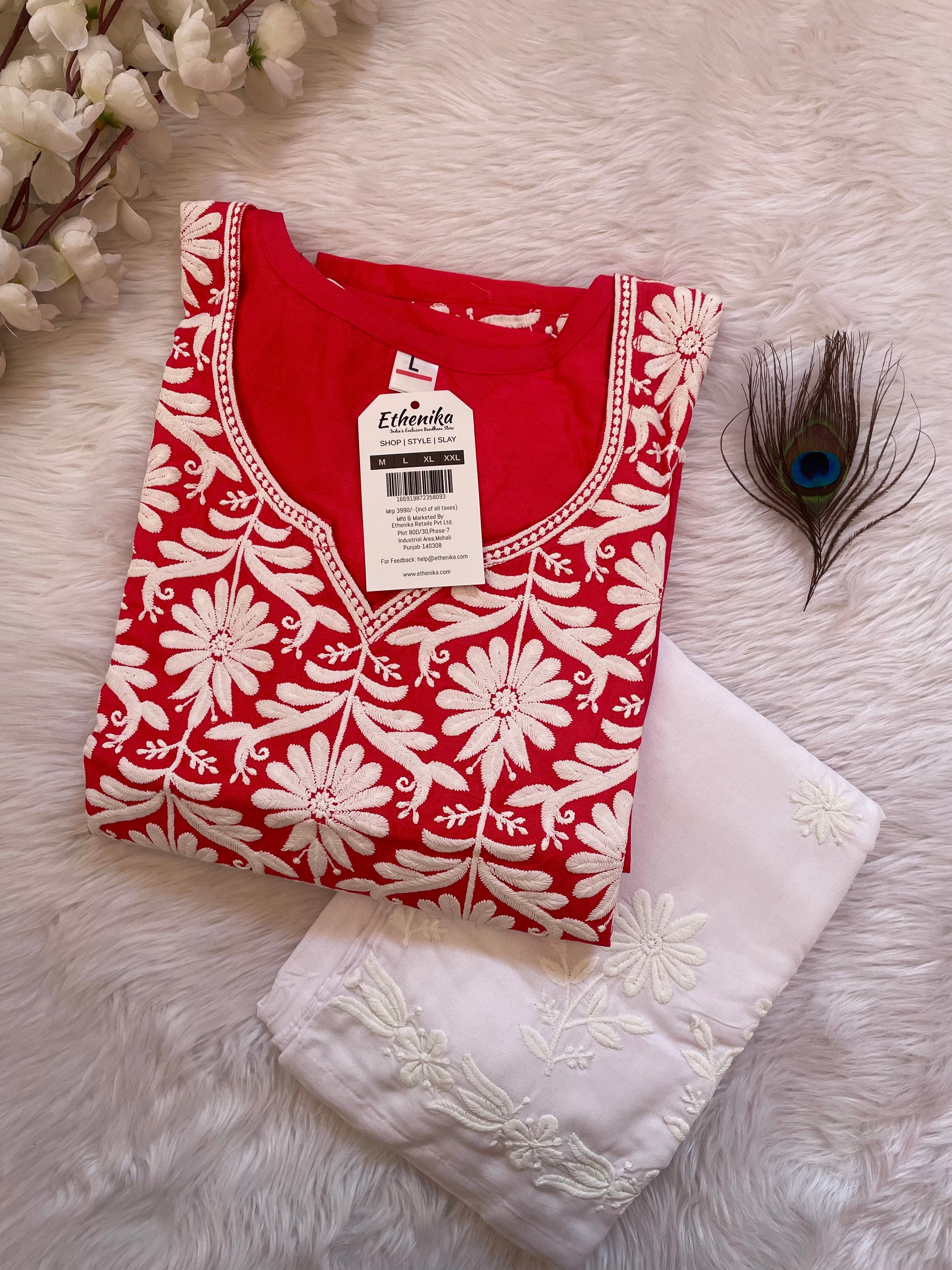 Ethenika Premium Cotton Chikankari Kurti Palazzo Set (Stitched)