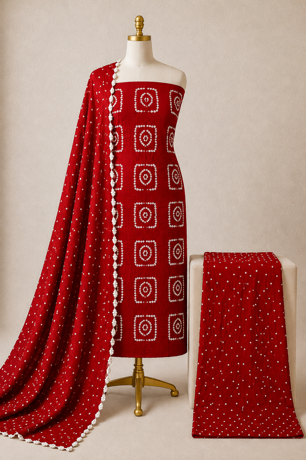Cotton Satin Self Color Kutch 3Pc Unstitched Bandhani Dress Material