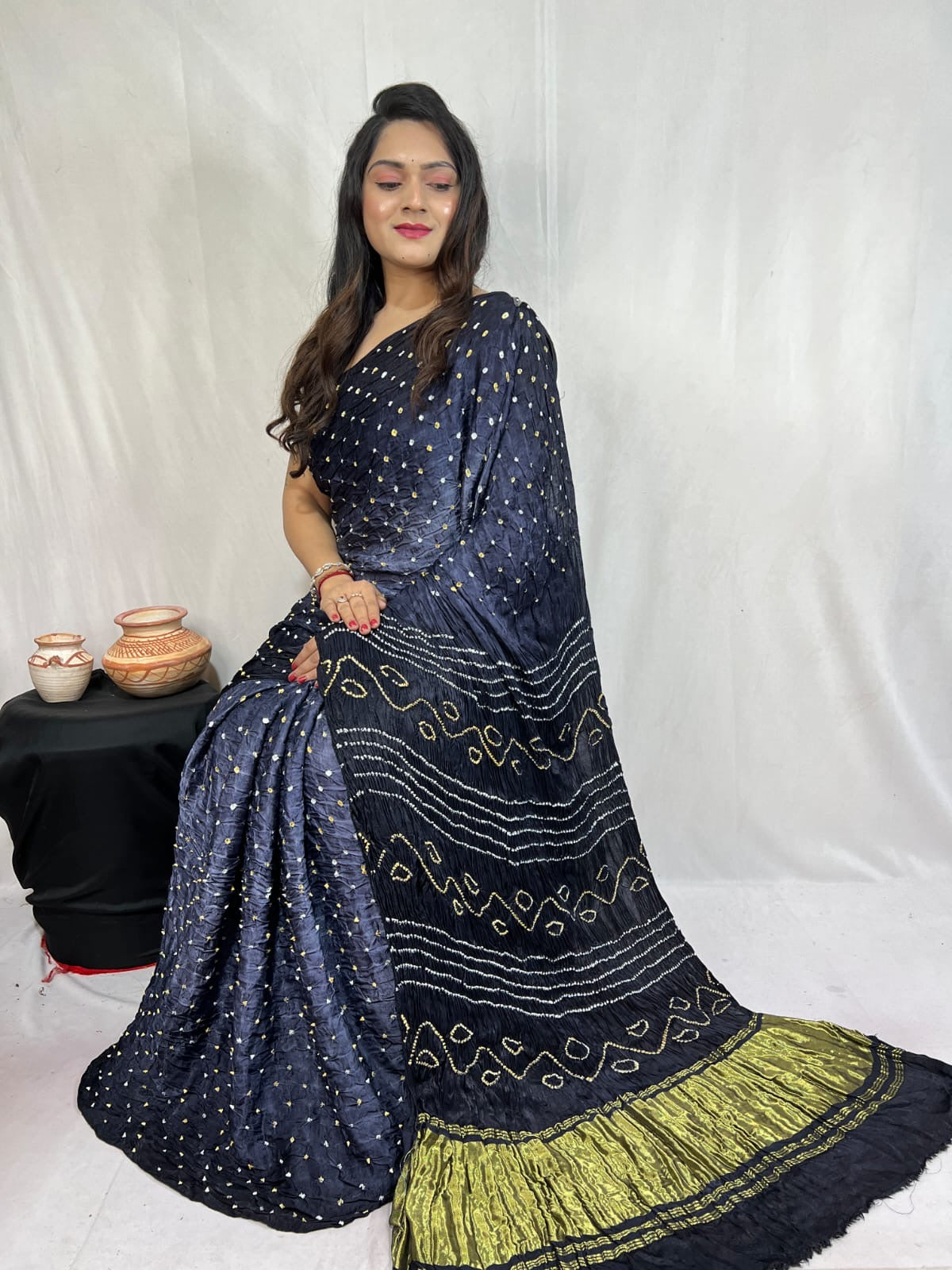 Pure Modal Silk Barik Bandhej work Bandhani Saree