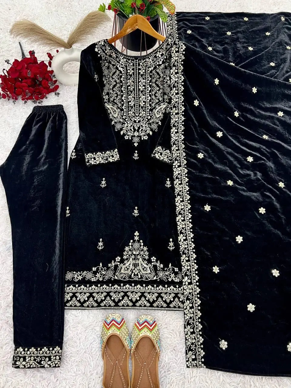 Ethenika Thread Embroidery Work Winter Wear Velvet Suit for Women