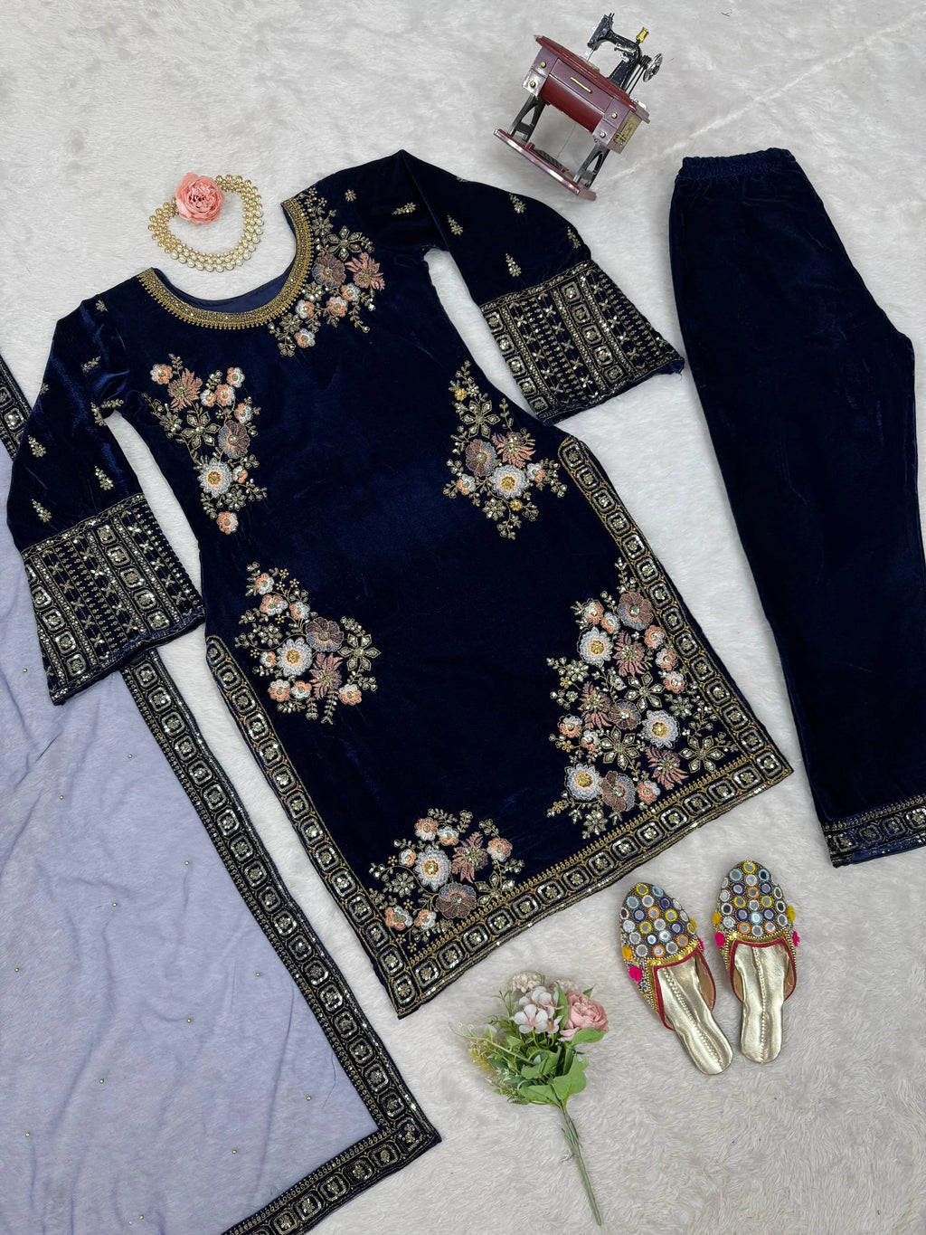 Viscose Thread Embroidery work Party wear Velvet suit