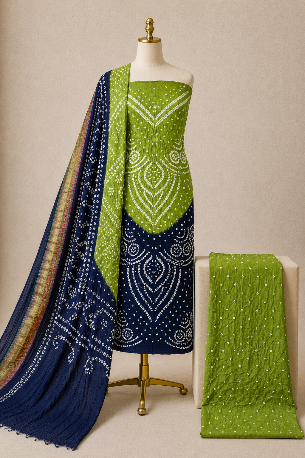 Cotton Satin Multicolor 3Pc Unstitched Bandhani Dress Material