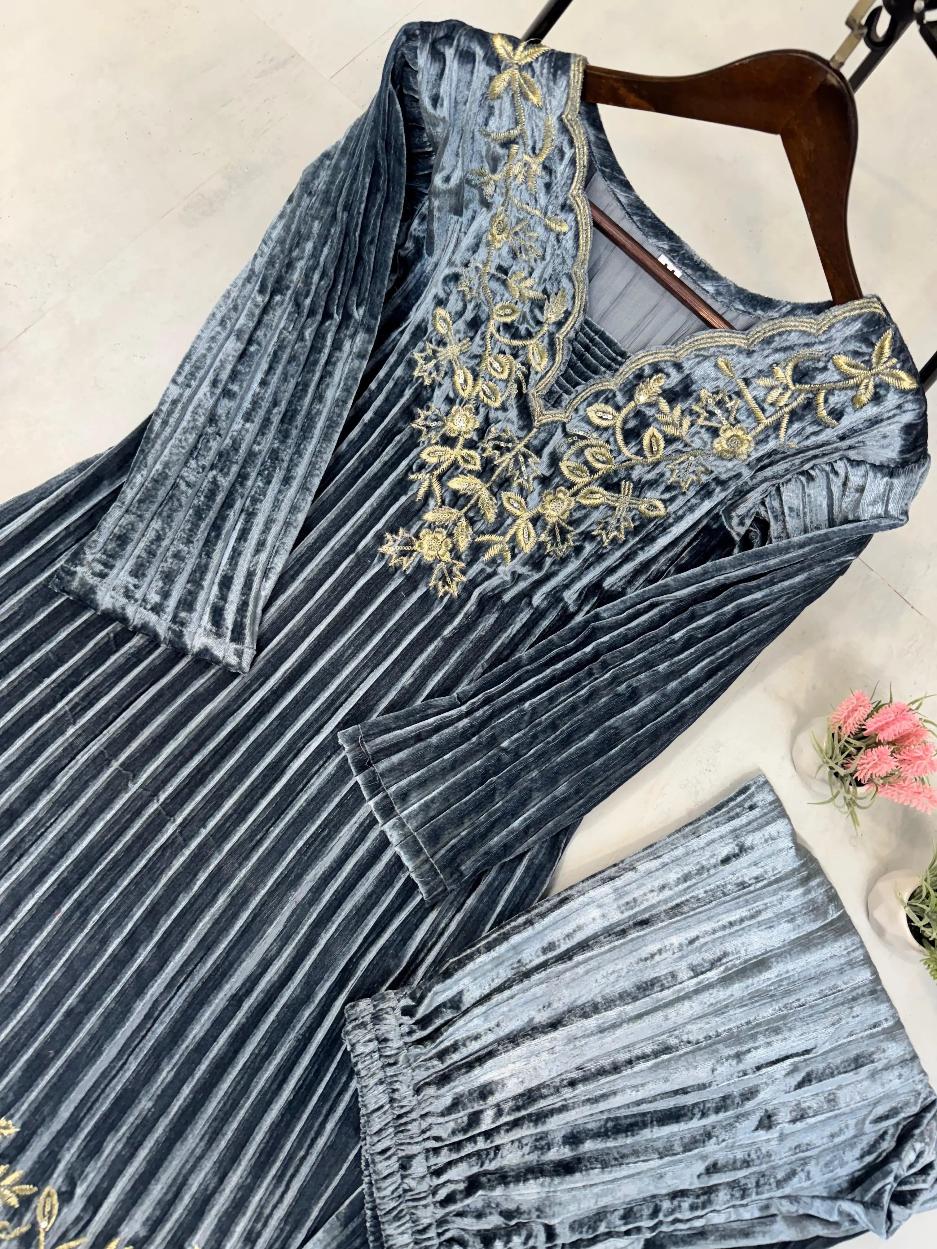 Ethenika Premium Embroidery work Winter Wear Velvet Suit