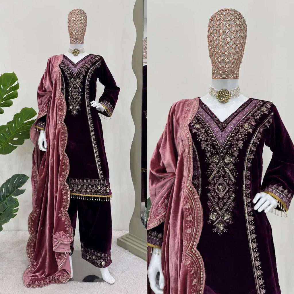 Viscose Velvet Premium Thread Embroidery work Designer Velvet Suit