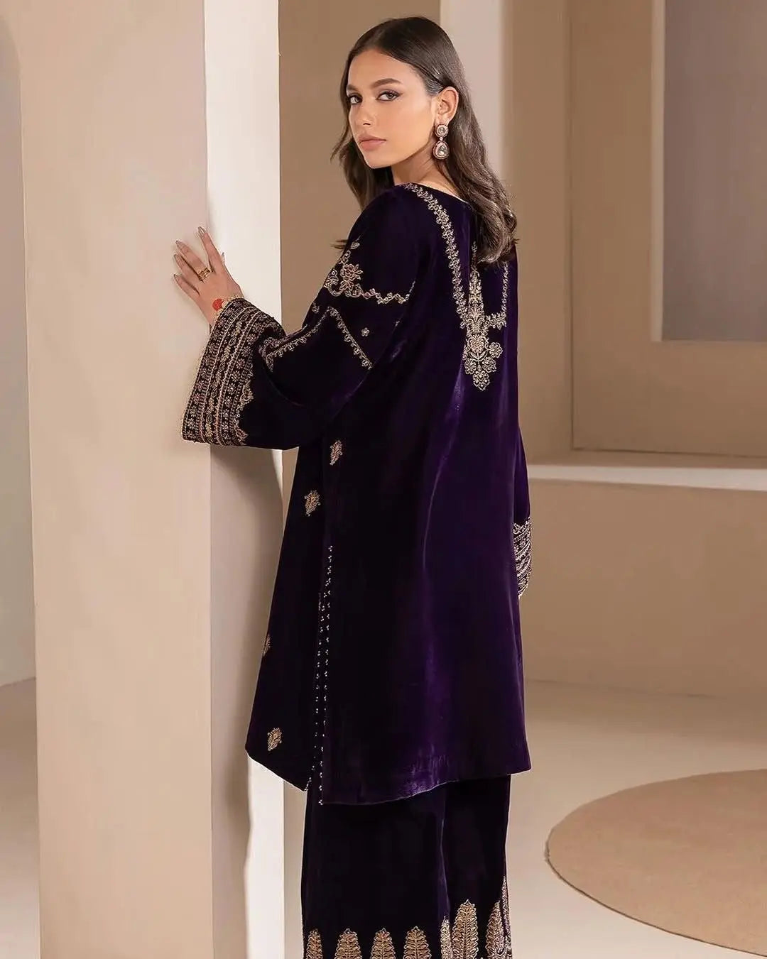 Sequence Embroidery work Winter Wear Velvet Suit