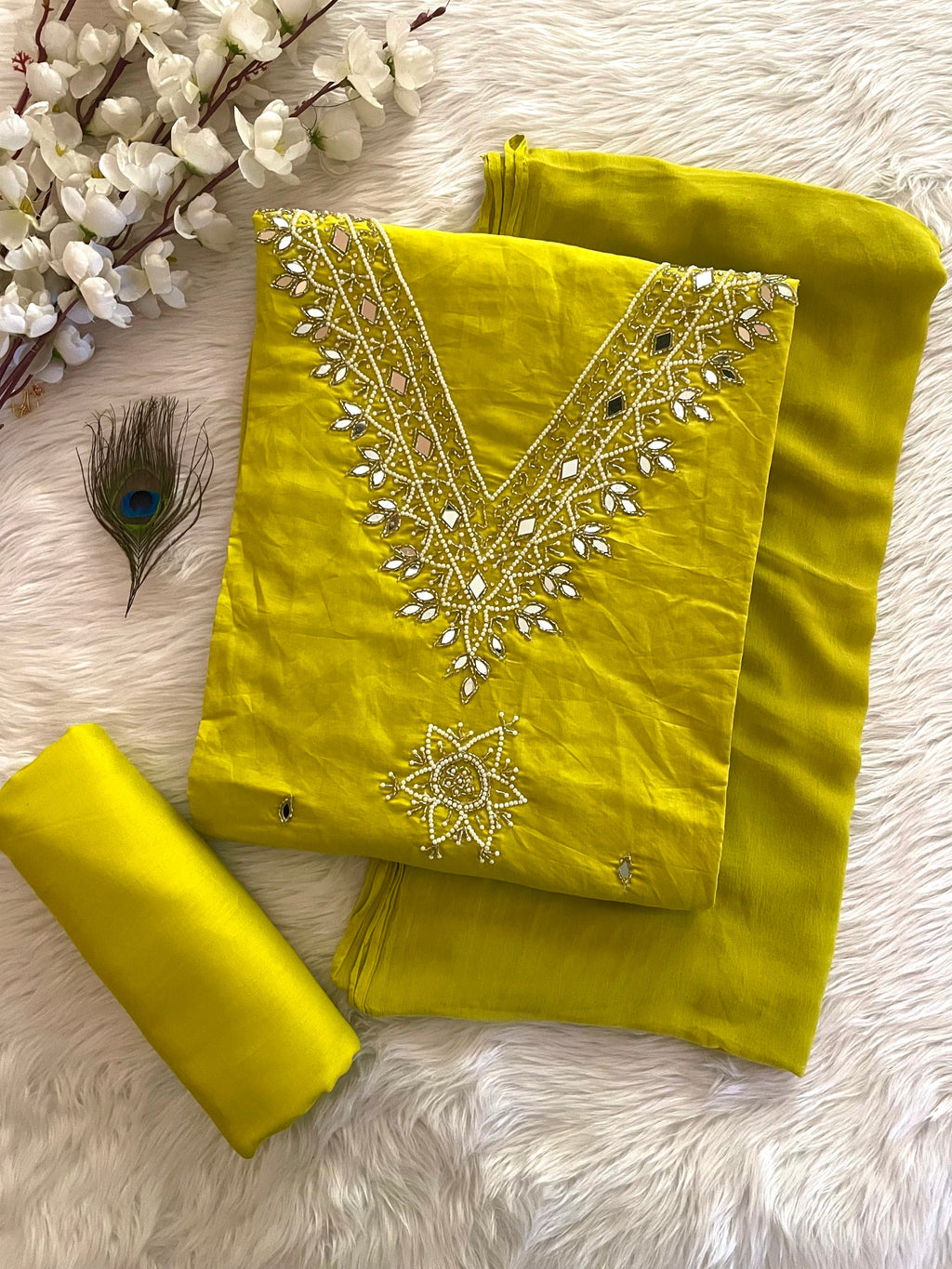 Chanderi Hand Moti and Mirror work Salwar Dress Material (Stitched)