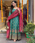 Roman Silk Foil Work Kurti Pant Dupatta Set (Stitched)