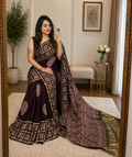 Modal Silk Golden Chex with Block Print Ajrakh Work Saree
