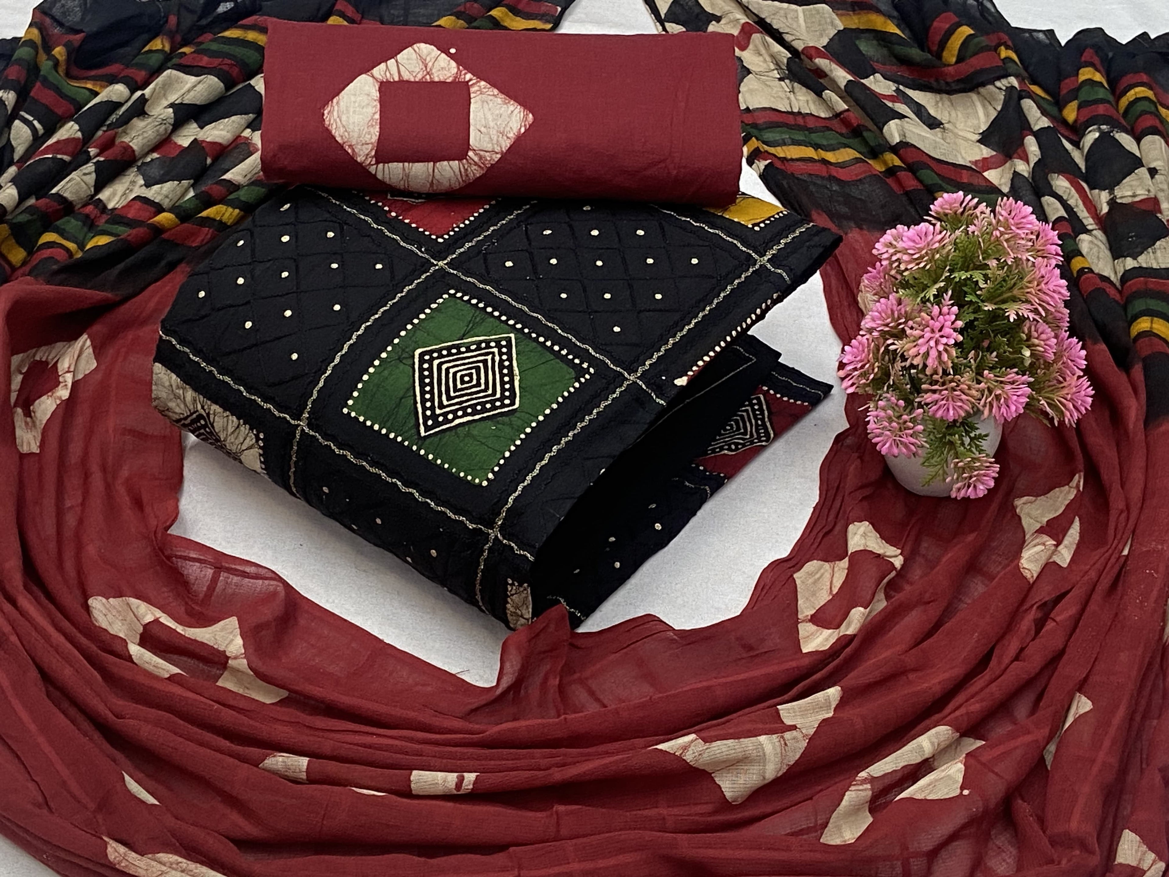 Cotton Batik print with mirror work dress material