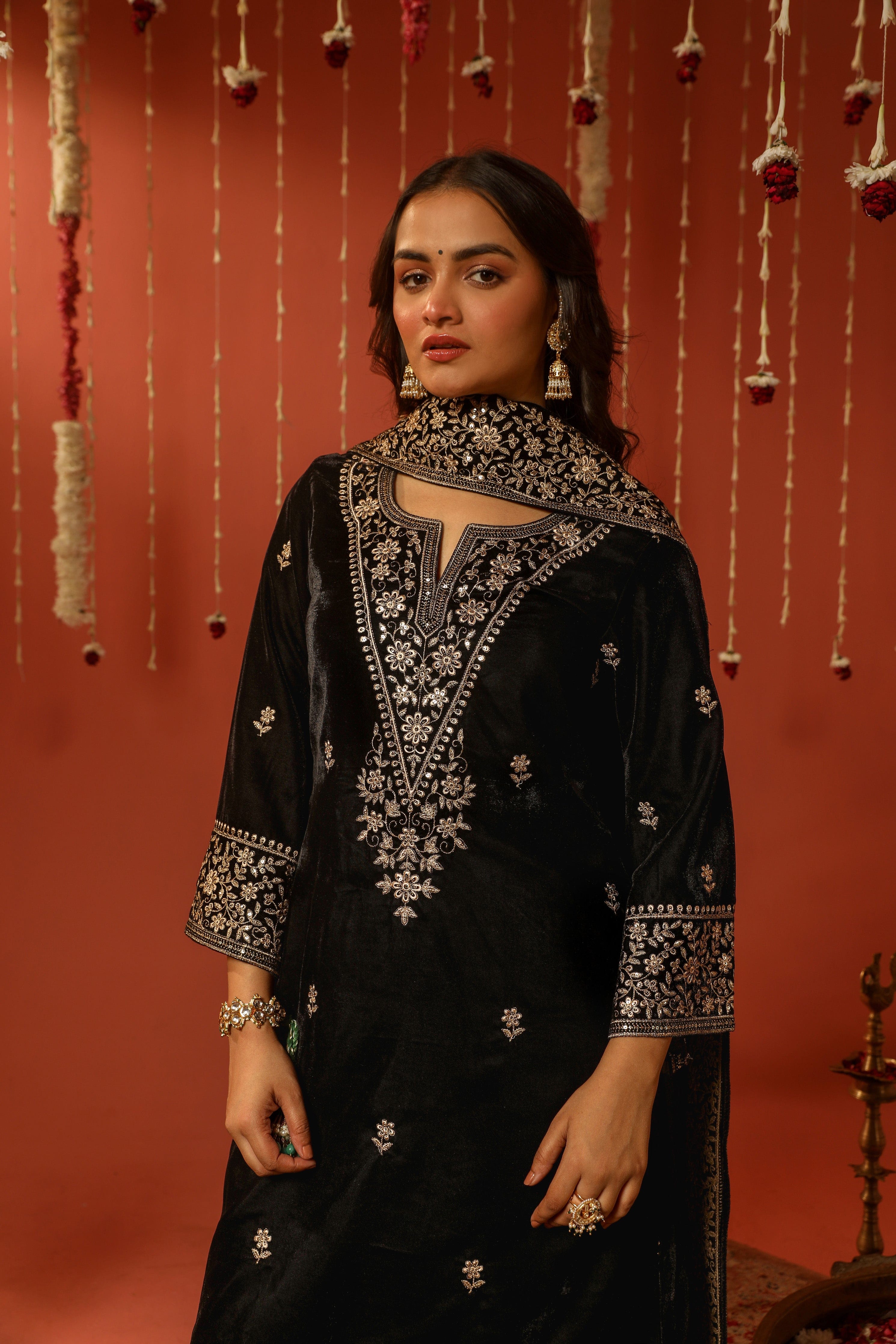 Ethenika Designer Embroidery Work Velvet Kurti Pant Dupatta Set (Ready to Wear)