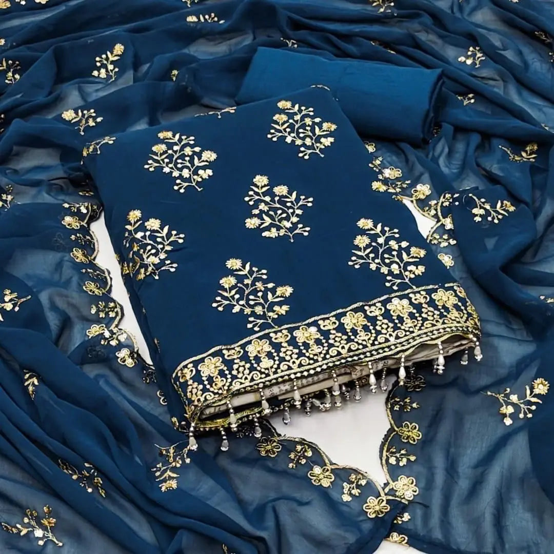 Georgette Golden Embroidery lace work Dress Material (Unstitched)