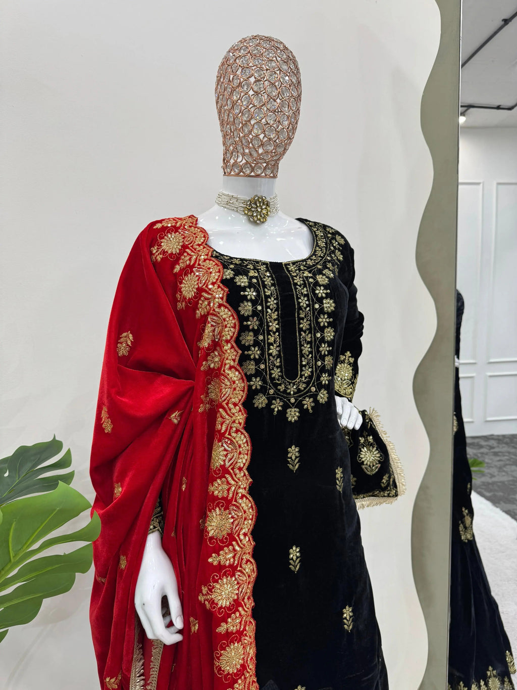 Ethenika Fine Velvet Golden Thread Embroidery work Velvet Kurti Sharara