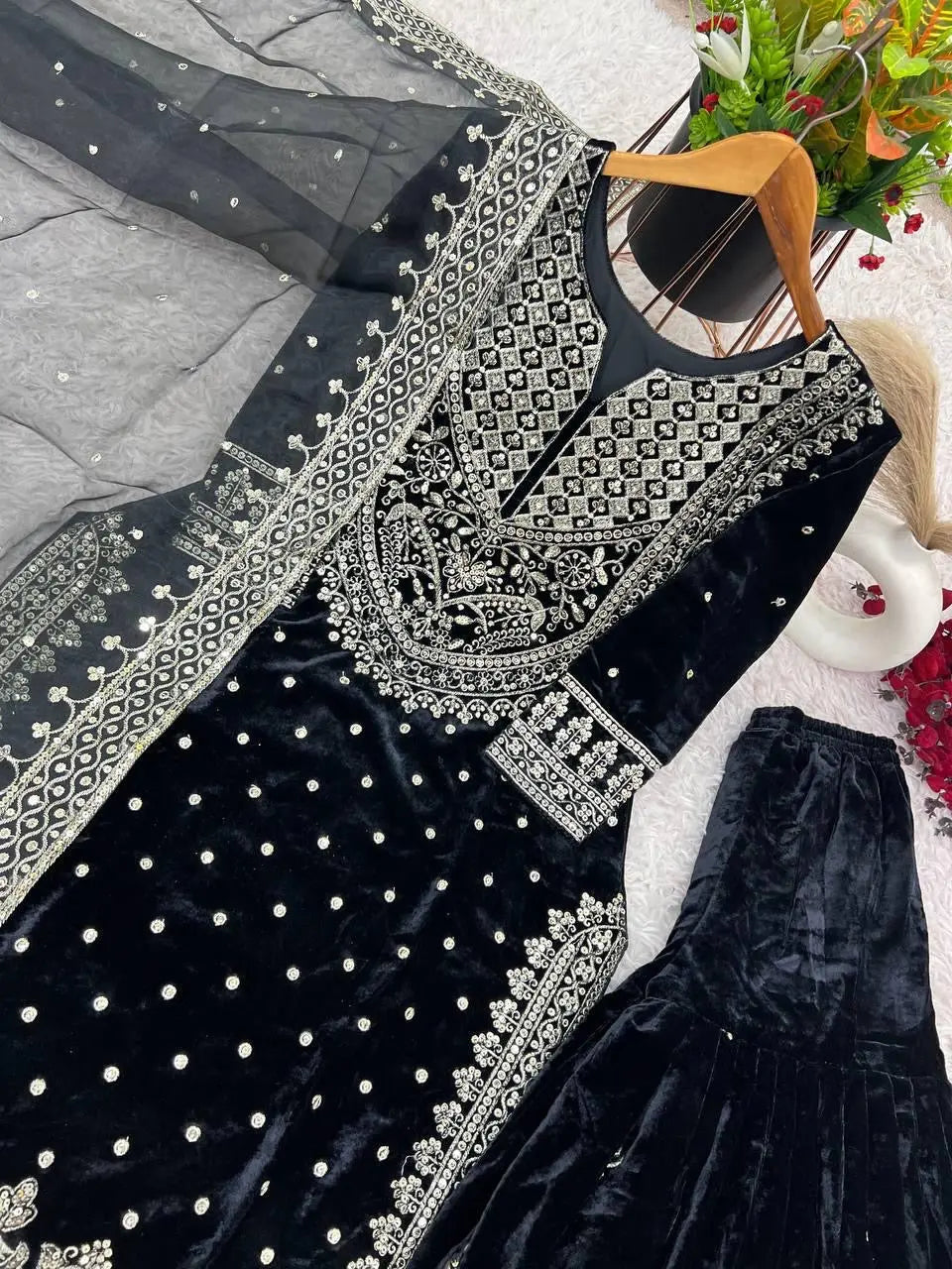 Ethenika Silver Thread Embroidery work Reasdy to wear Velvet Kurti Sharar Set