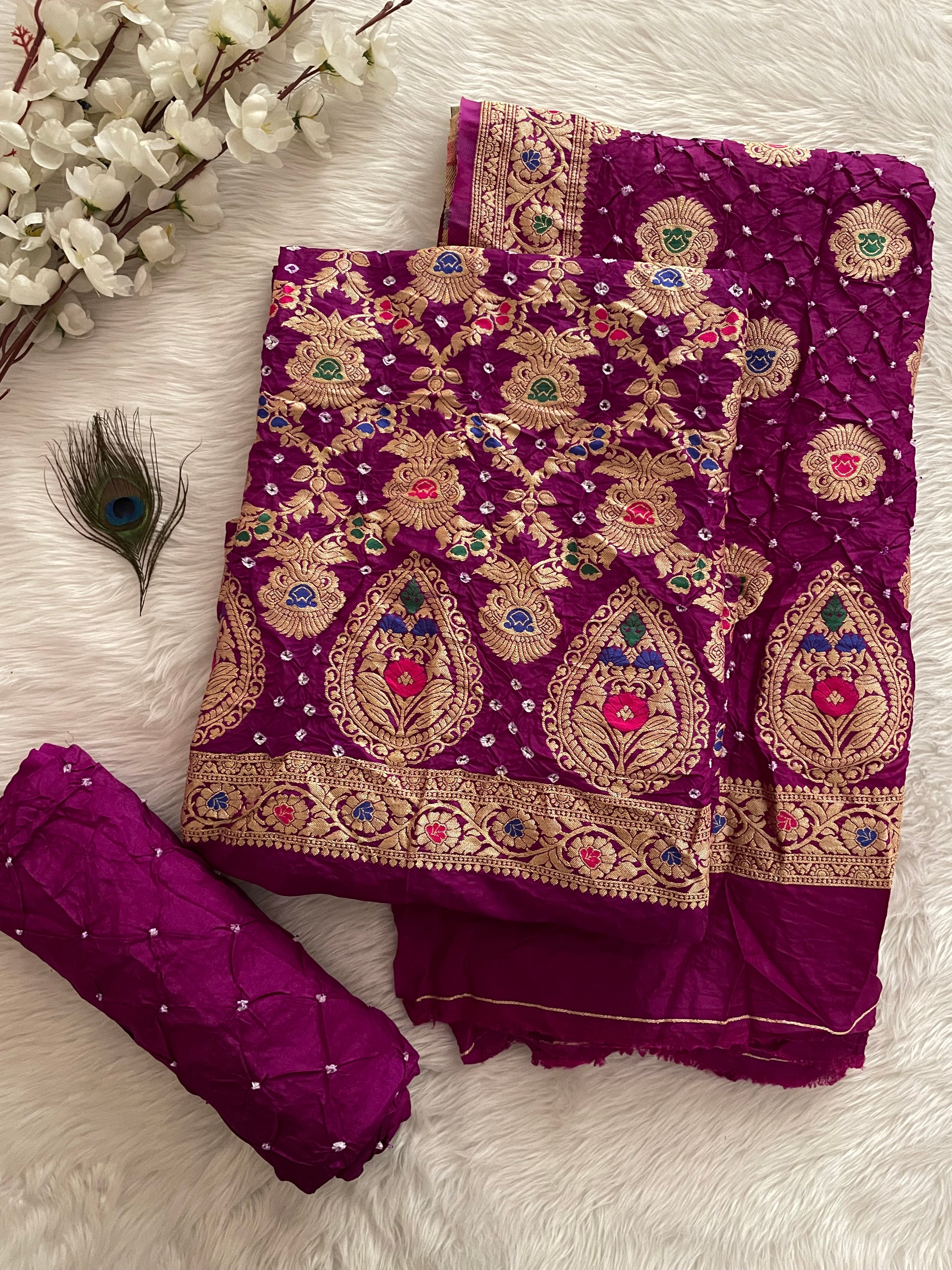 Ghazi Silk Kasab Golden Embroidery work Bandhani Dress Material (Unstitched)