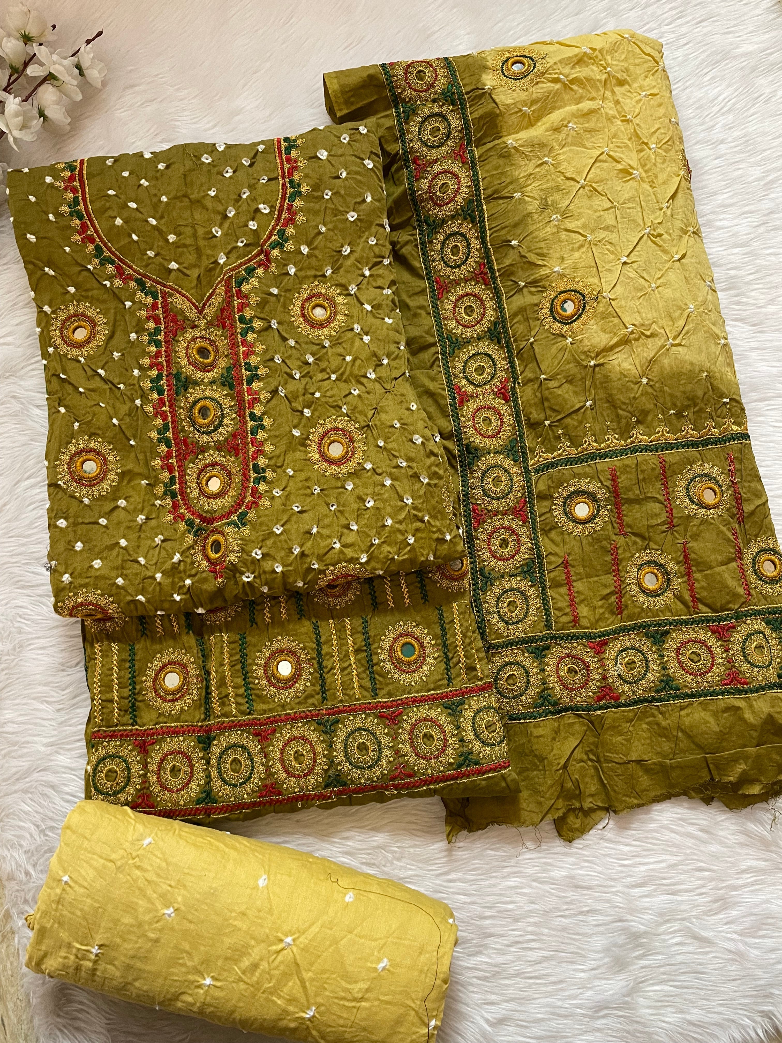 Ethenika Originals Mirror Hand Embroidery Tila Work With Heavy Work Dupatta Bandhani Dress Material (Unstitched)