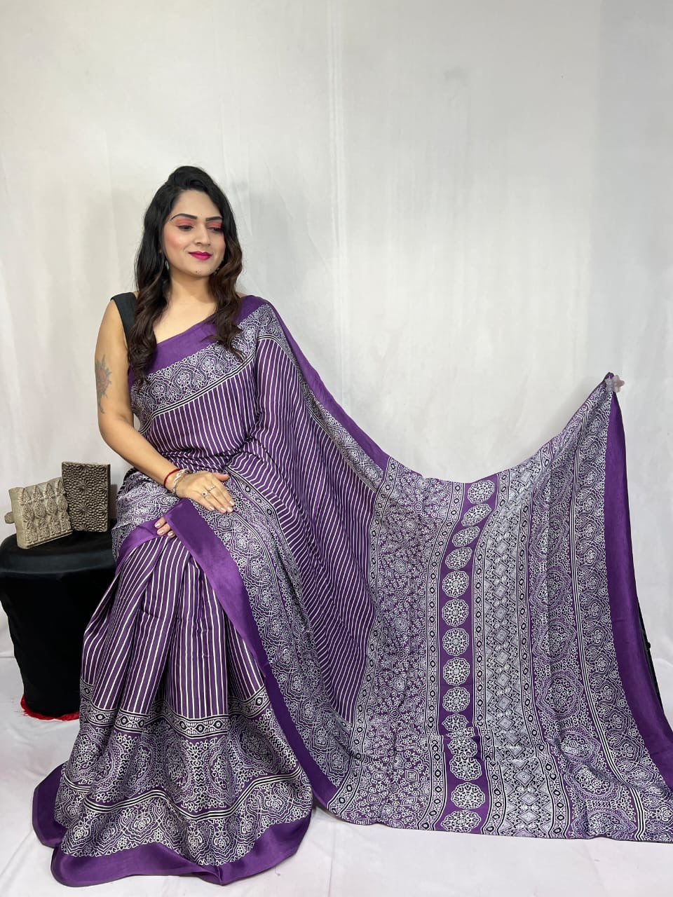Modal Silk Authentic Hand Blocked Ajrakh work Saree
