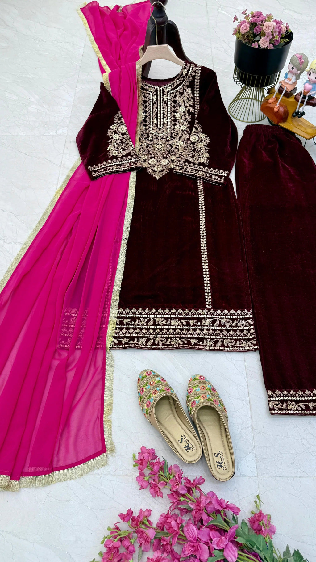 Ethenika Elegant Thread Embroidery work Ready to wear Velvet Suit