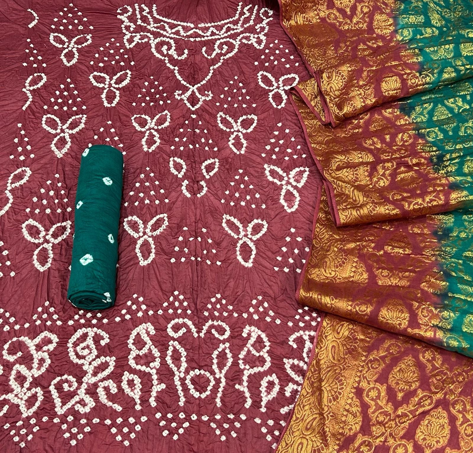 Cotton Satin Barik Bandhej work Authentic Jamnagar Bandhani Dress Material (Unstitched)
