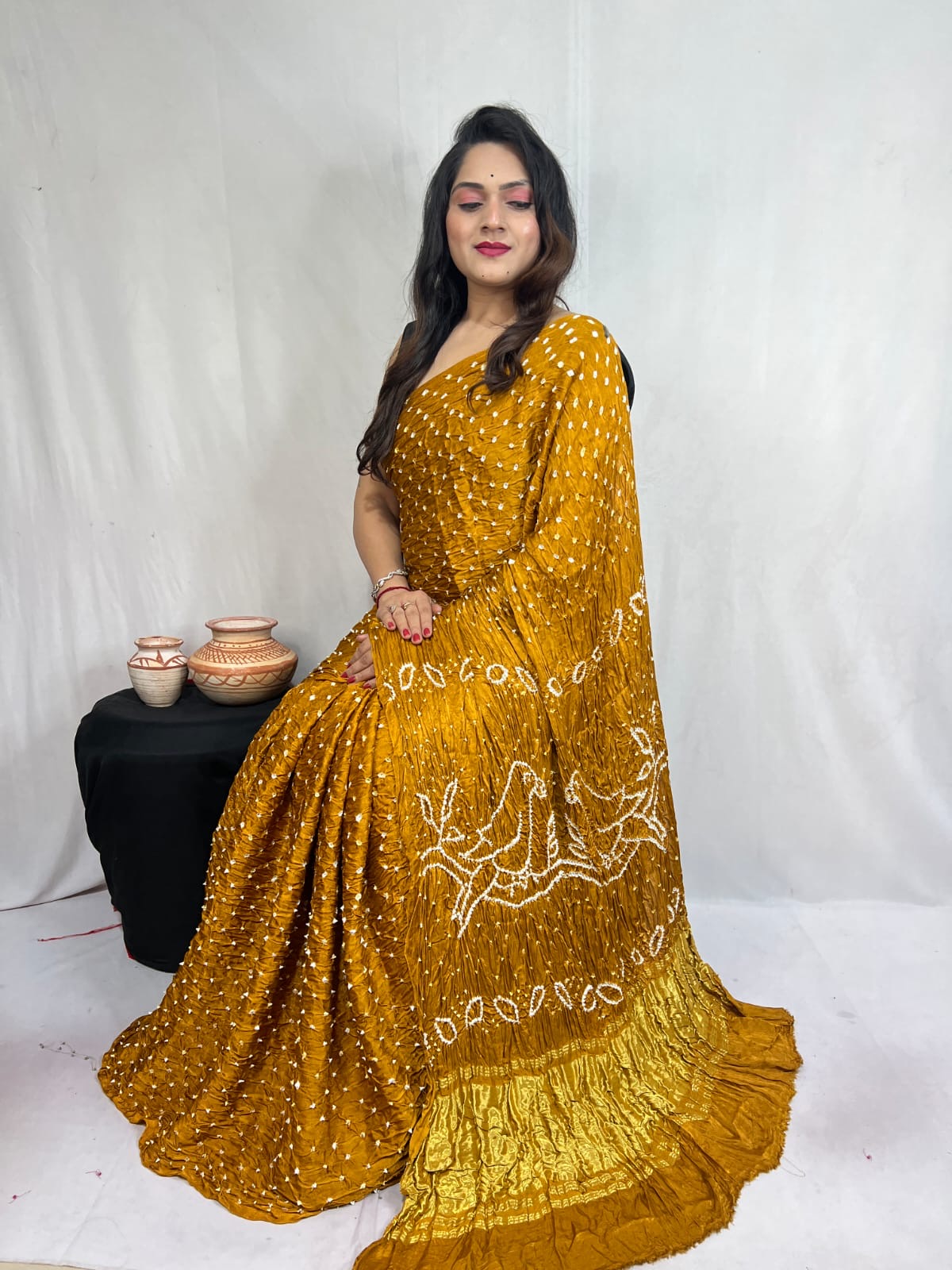 Modal Silk Heavy Barik Bandhej work Silk Bandhani Saree