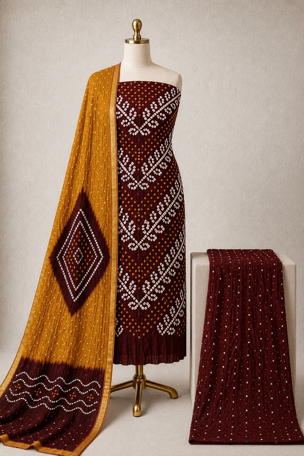 Cotton Satin Handmade Kutch 3Pc Unstitched Bandhani Dress Material