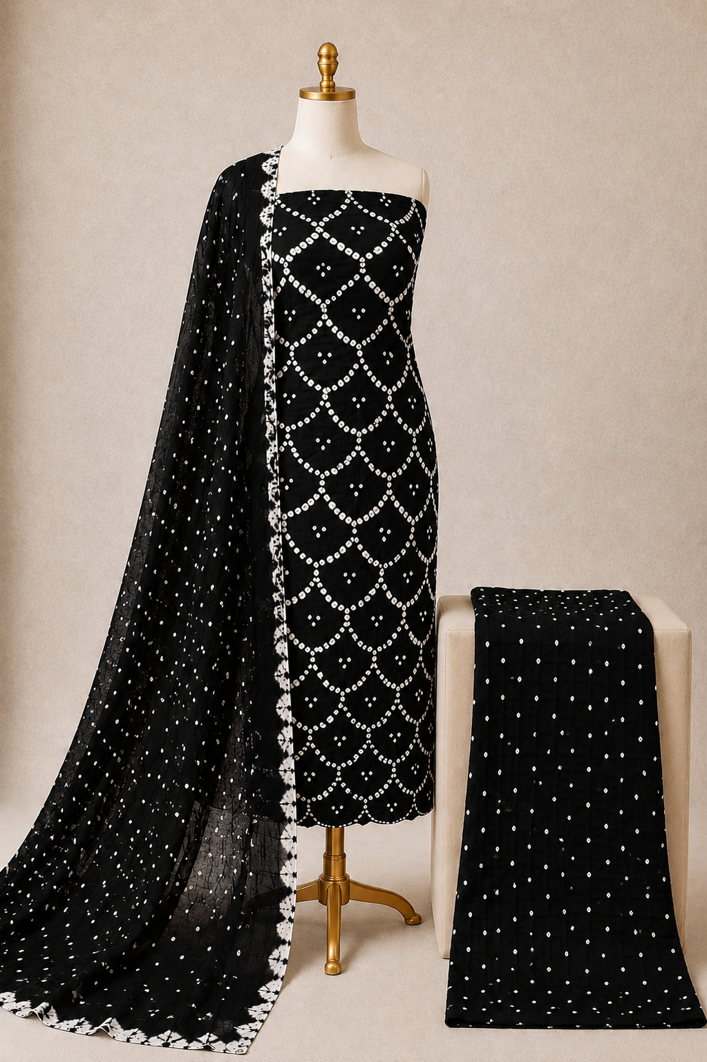 Cotton Self Color Kutch Unstitched Bandhani Dress Material