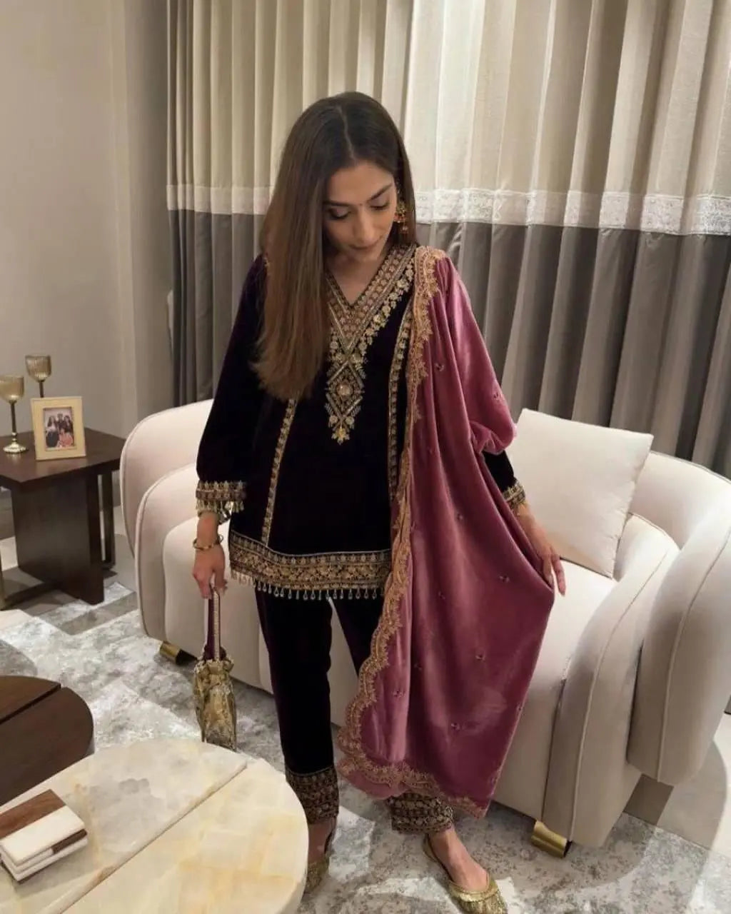 Viscose Velvet Premium Thread Embroidery work Designer Velvet Suit