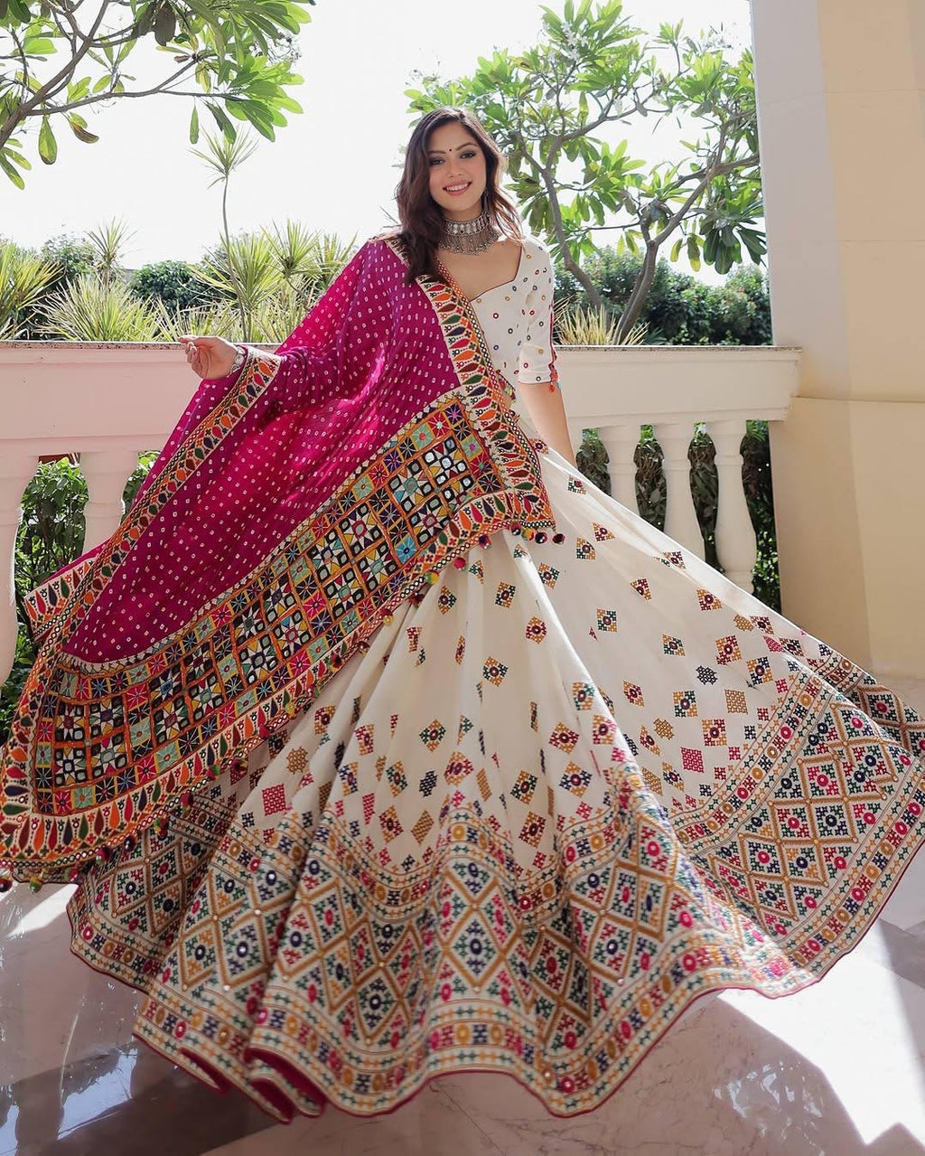 Muslin Digital Print With Mirror Work White Concept Navratri Special Designer Chaniya Choli
