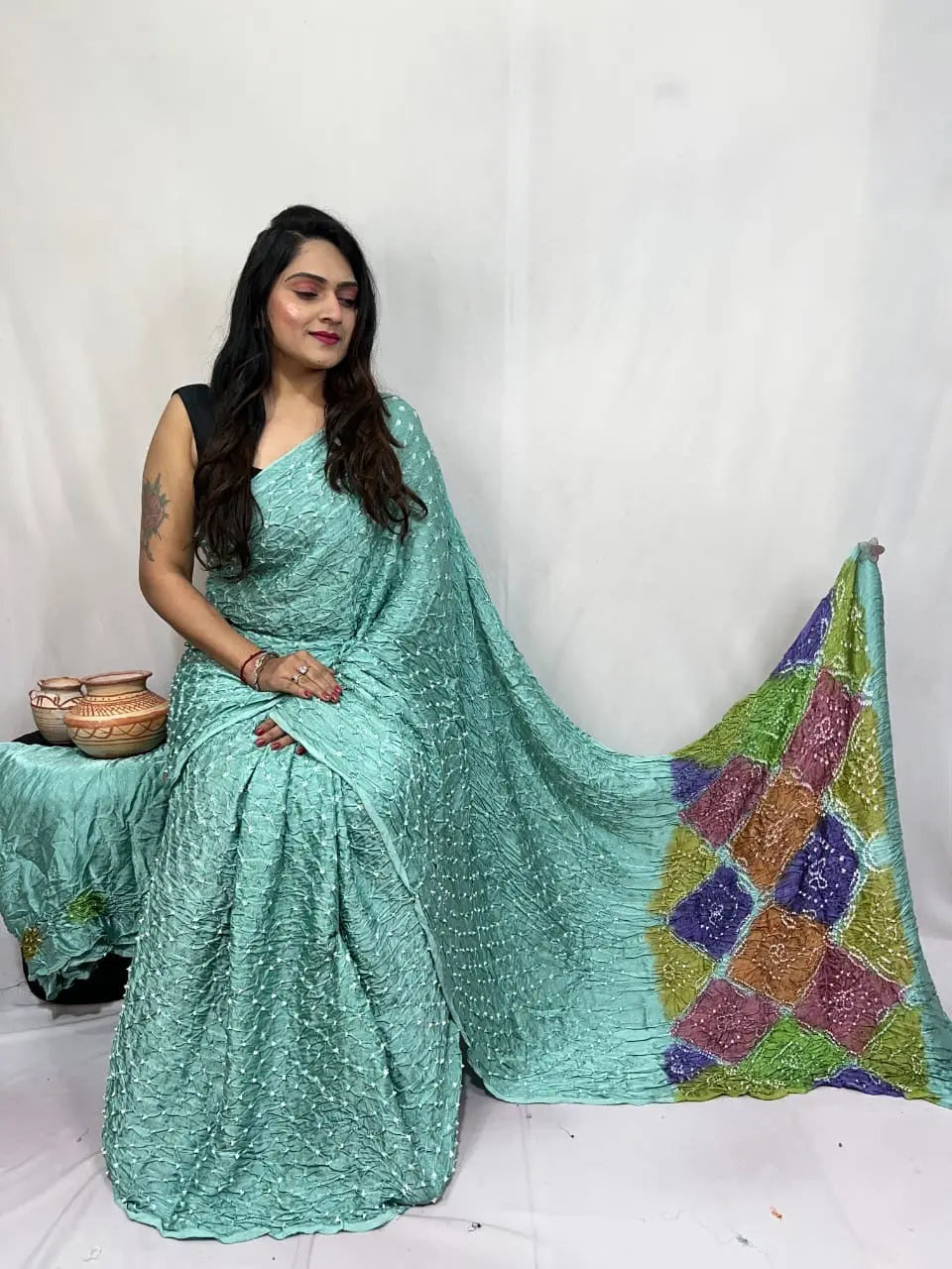 Pure Modal Silk Barik Bandhej Lagdi Pallu Bandhani Saree