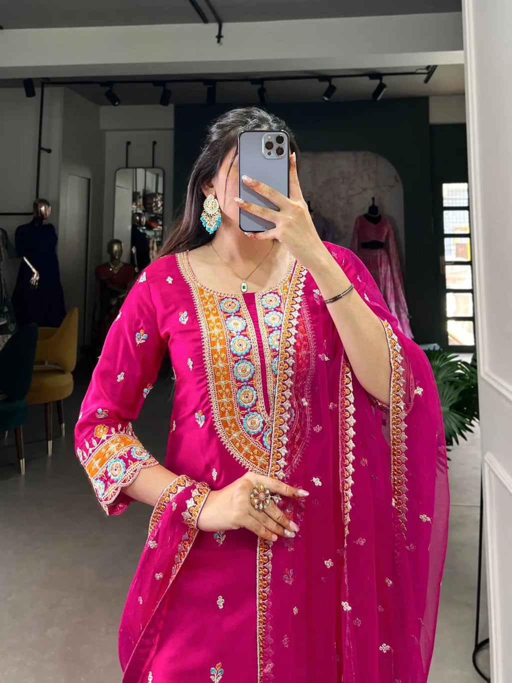 Ethenika Silk Sequence Embroidery Work Kurti Sharara Dupatta Set (Stitched)