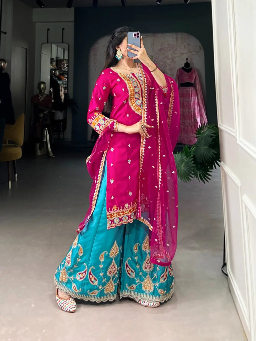 Ethenika Silk Sequence Embroidery Work Kurti Sharara Dupatta Set (Stitched)