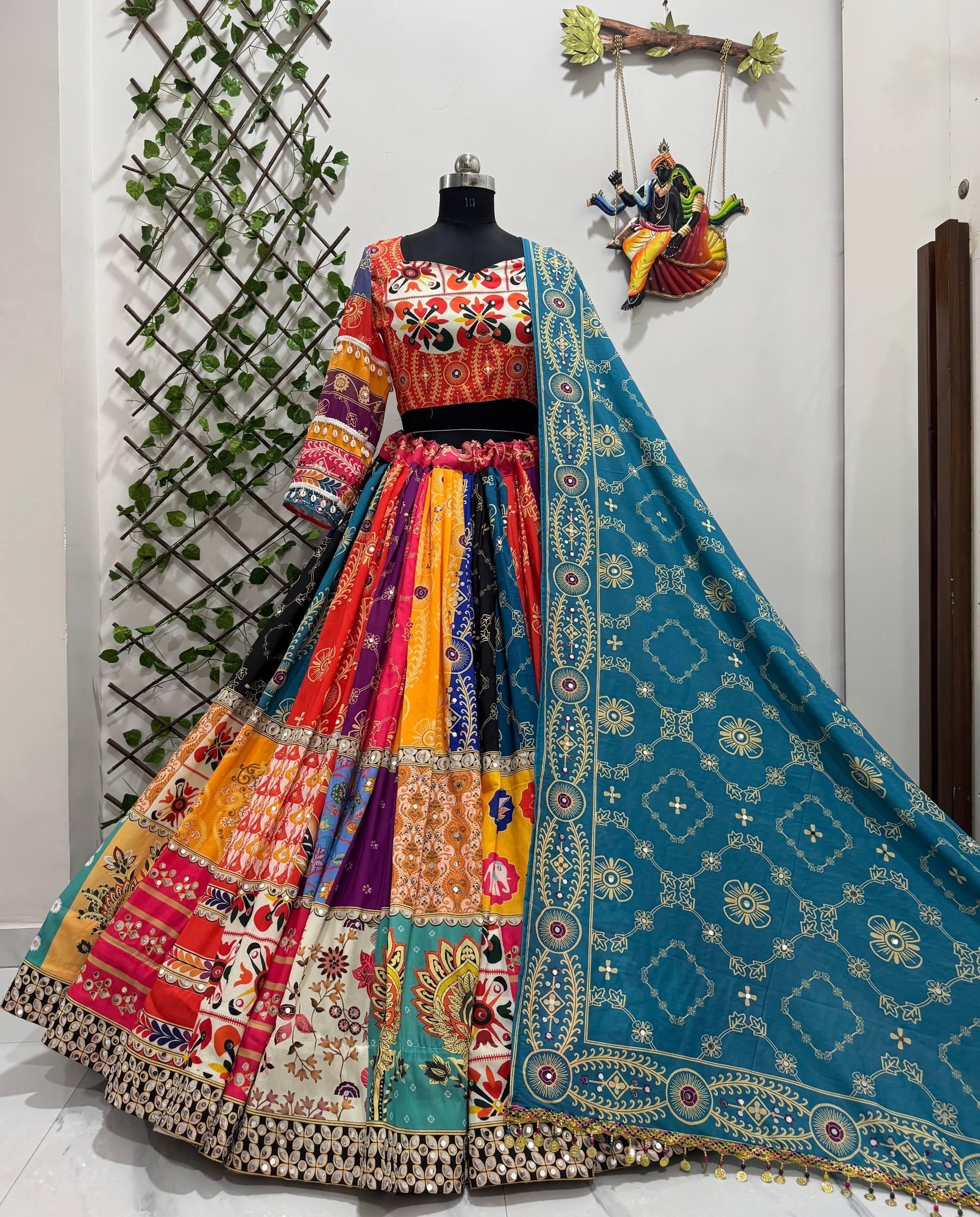Muslin Cotton Digital Print Mirror Work Navratri Special Designer Chaniya Choli