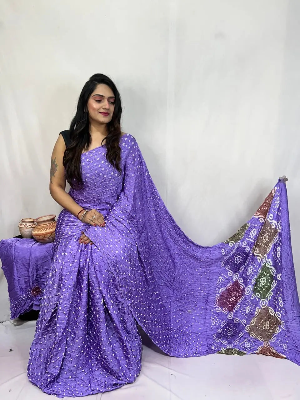 Pure Modal Silk Barik Bandhej Lagdi Pallu Bandhani Saree