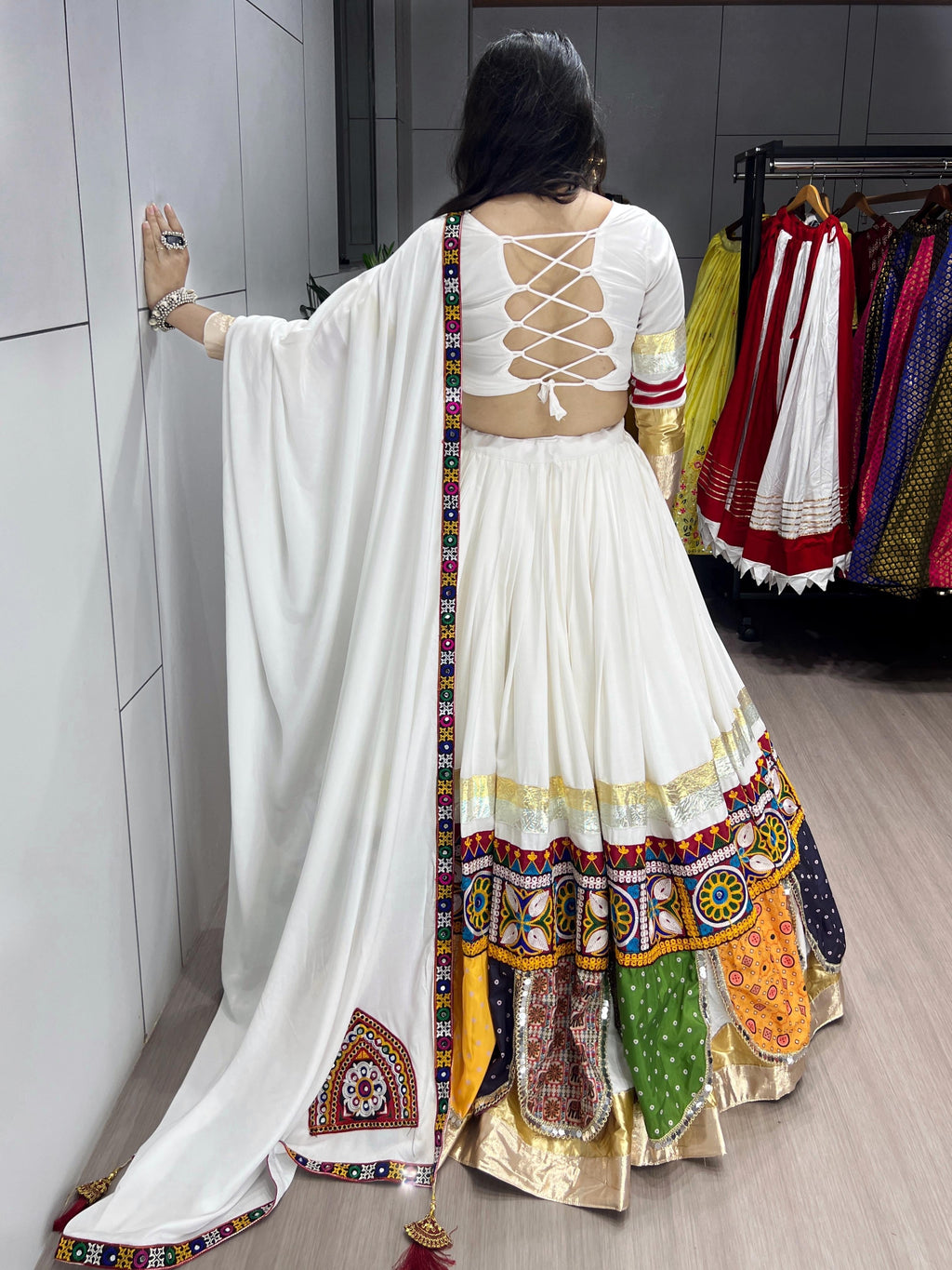 Pure Rayon Cotton Multi Kutchi Design White Concept 6M Flair Navratri Garba Chaniya Choli (Ready to Wear)