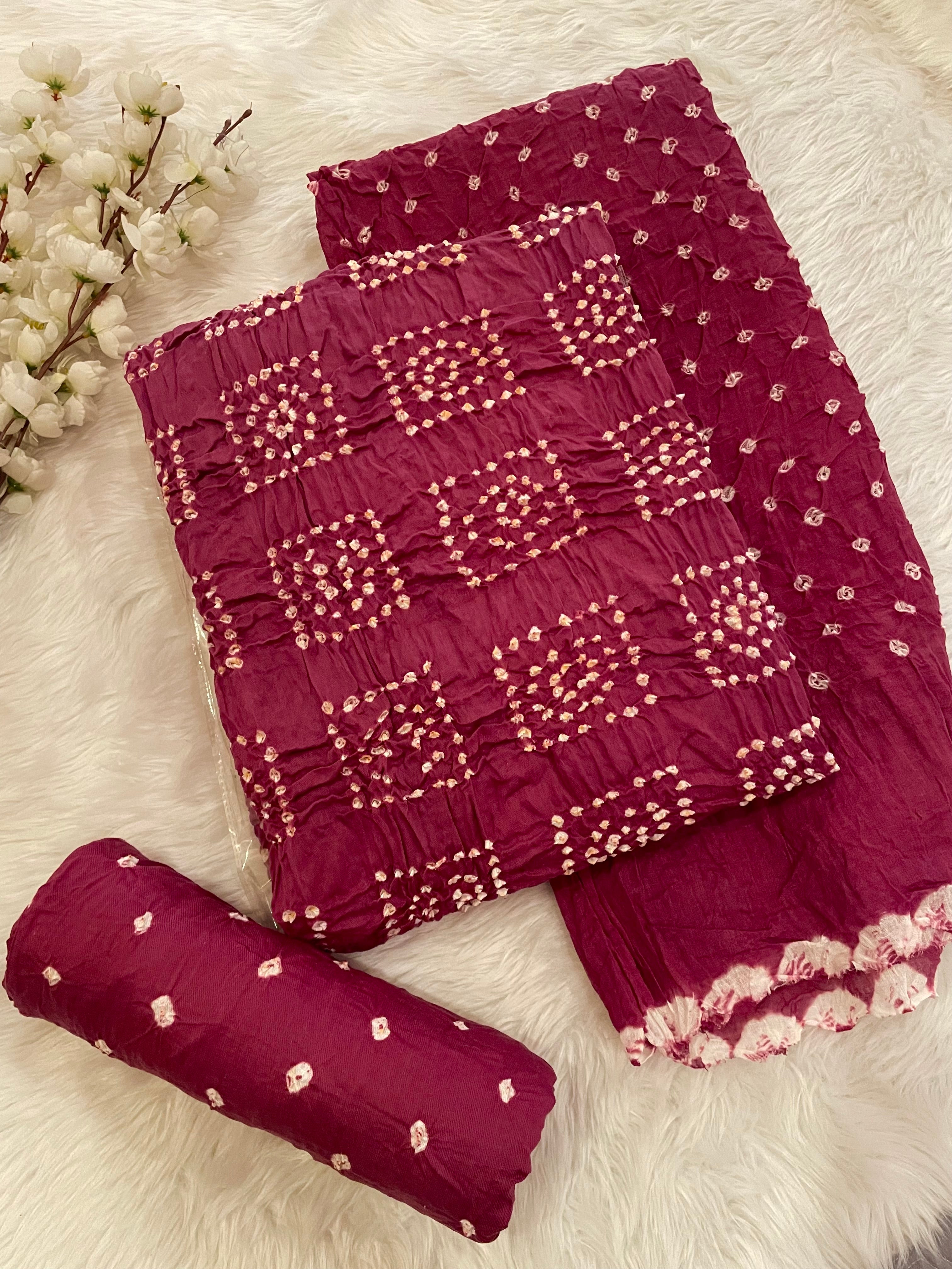 Cotton Satin Square Panel Bandhani Dress Material (Unstitched)