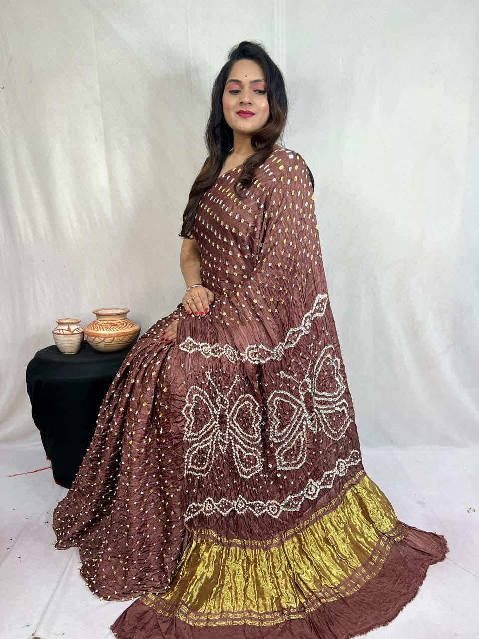 Modal Silk Heavy Barik Bandhej work Silk Bandhani Saree
