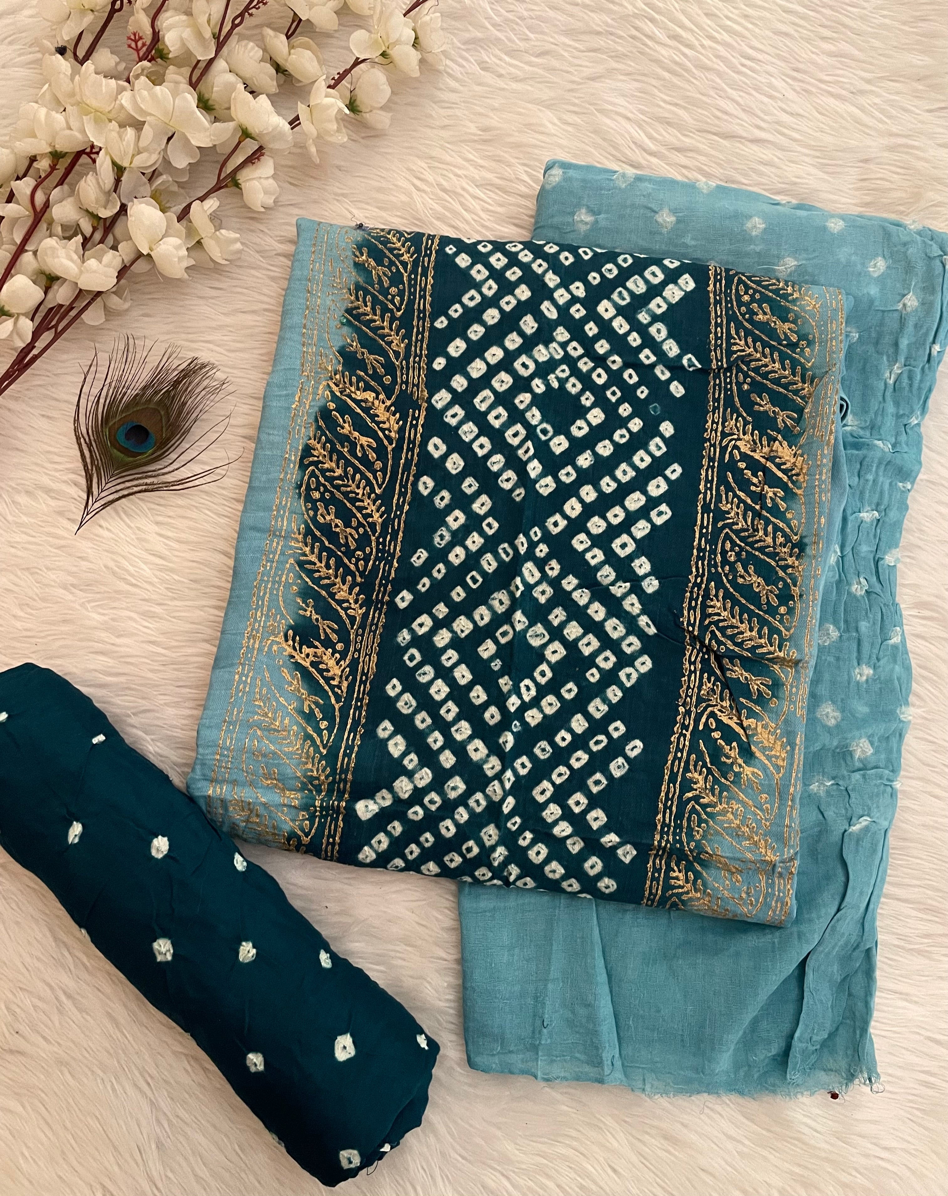 Cotton Satin Hand Block Print work Bandhani Dress Material (Unstitched)