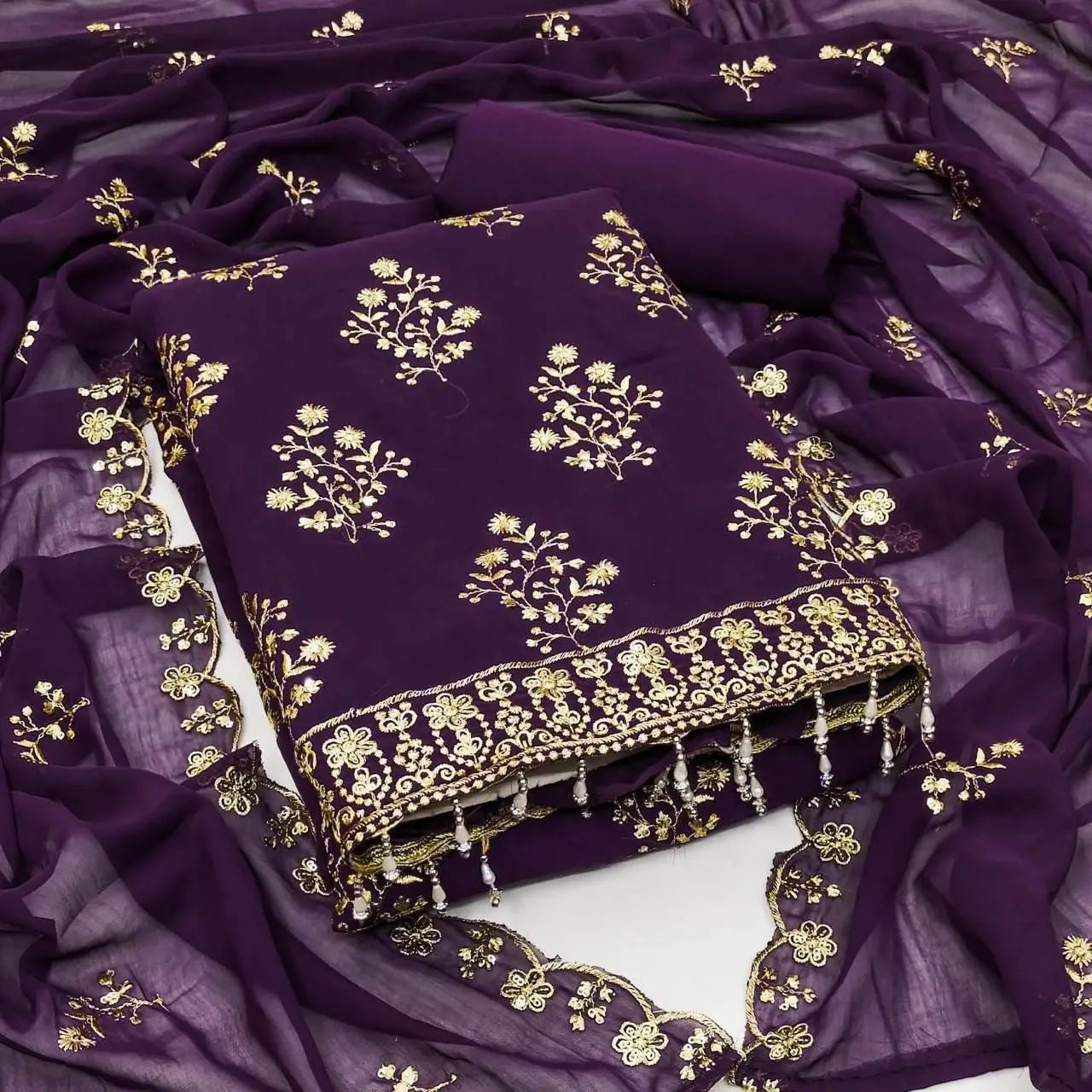 Georgette Golden Embroidery lace work Dress Material (Unstitched)