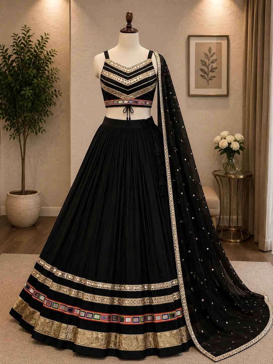 Pure Cotton Gamthi Mirror Work Designer Chaniya Choli – 6 Meter Flair, Navratri Special