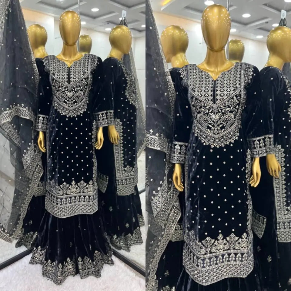 Ethenika Silver Thread Embroidery work Reasdy to wear Velvet Kurti Sharar Set