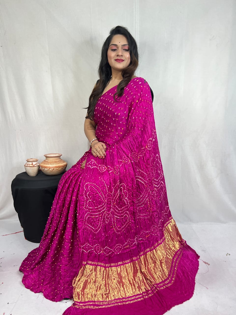 Modal Silk Heavy Barik Bandhej work Silk Bandhani Saree