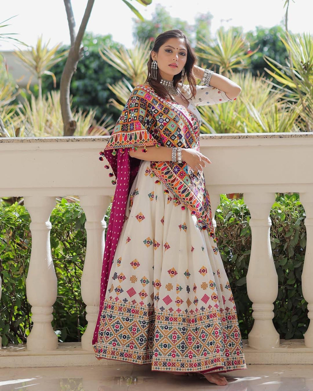 Muslin Digital Print With Mirror Work White Concept Navratri Special Designer Chaniya Choli