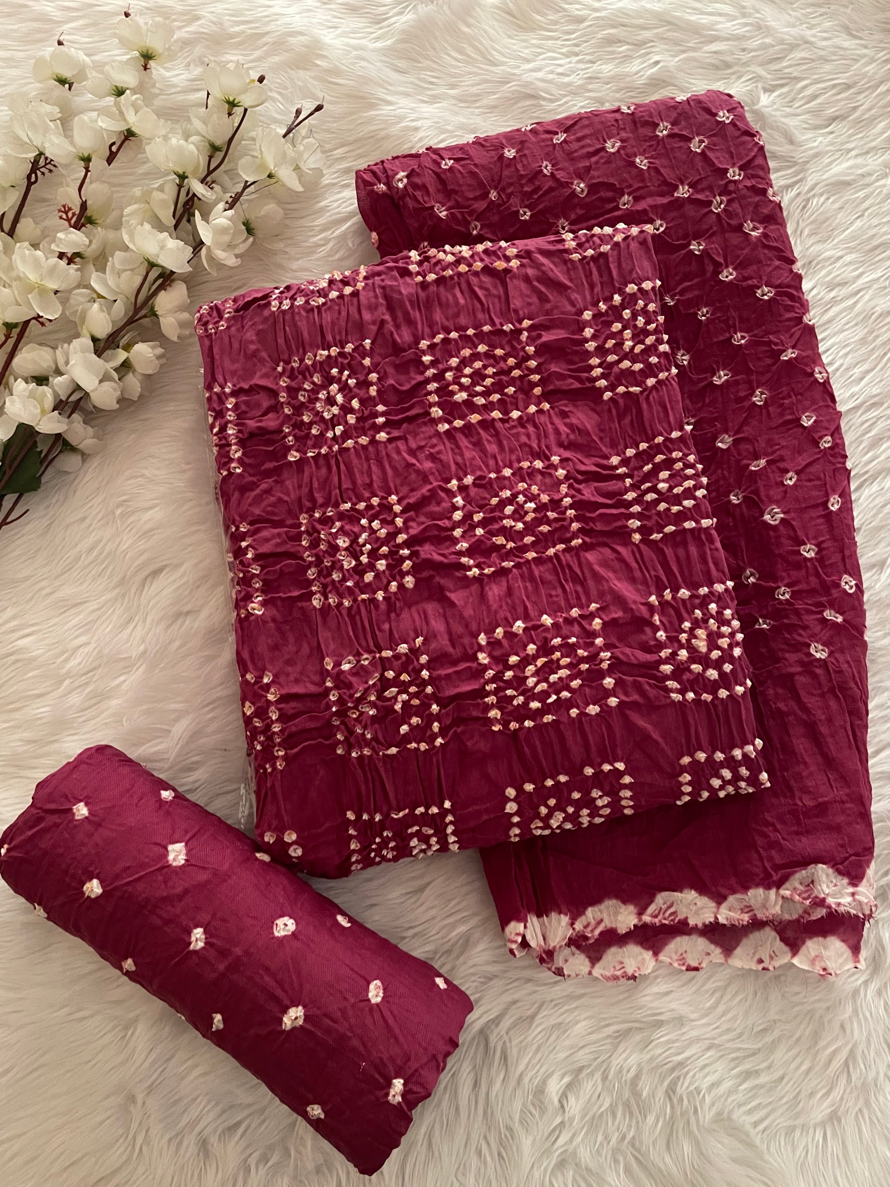 Cotton Satin Self Color Square Pattern Bandhani Dress Material (Unstitched)