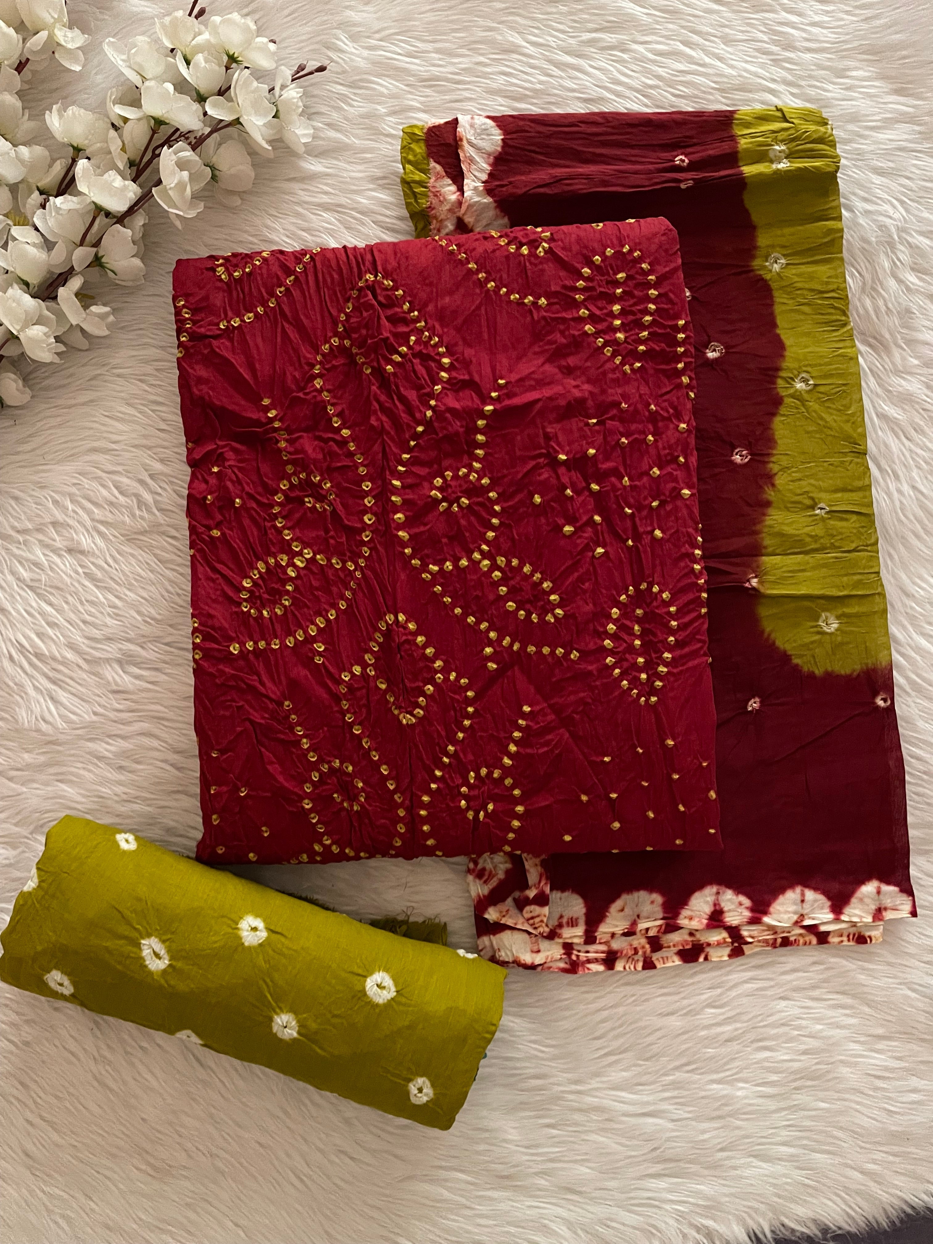 Cotton Satin Multicolor Kutch Bandhani Dress Material (Unstitched)