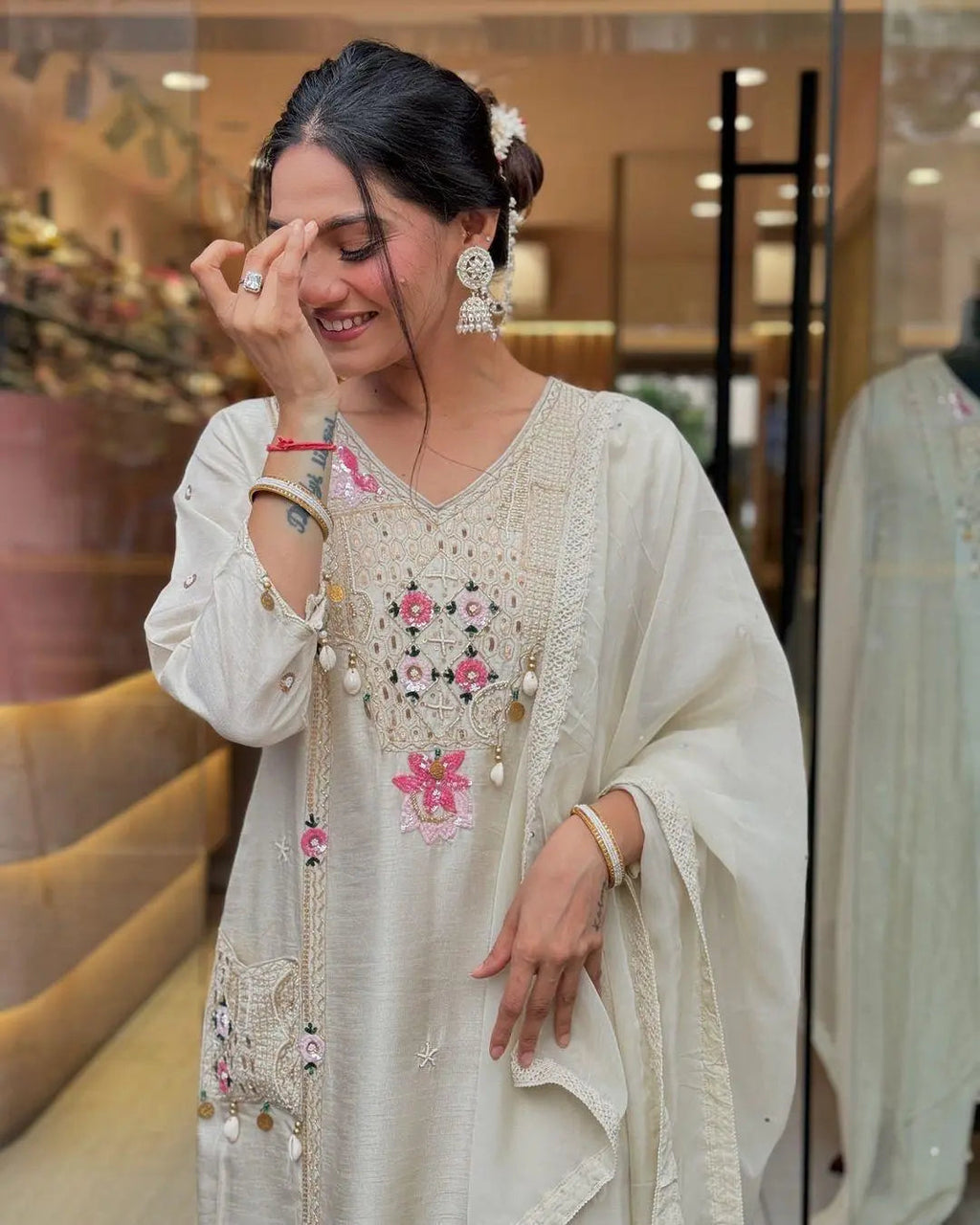 Pure Roman Silk Sequence Embroidery with Kodi Work Summer Special Kurti Pant Dupatta Set