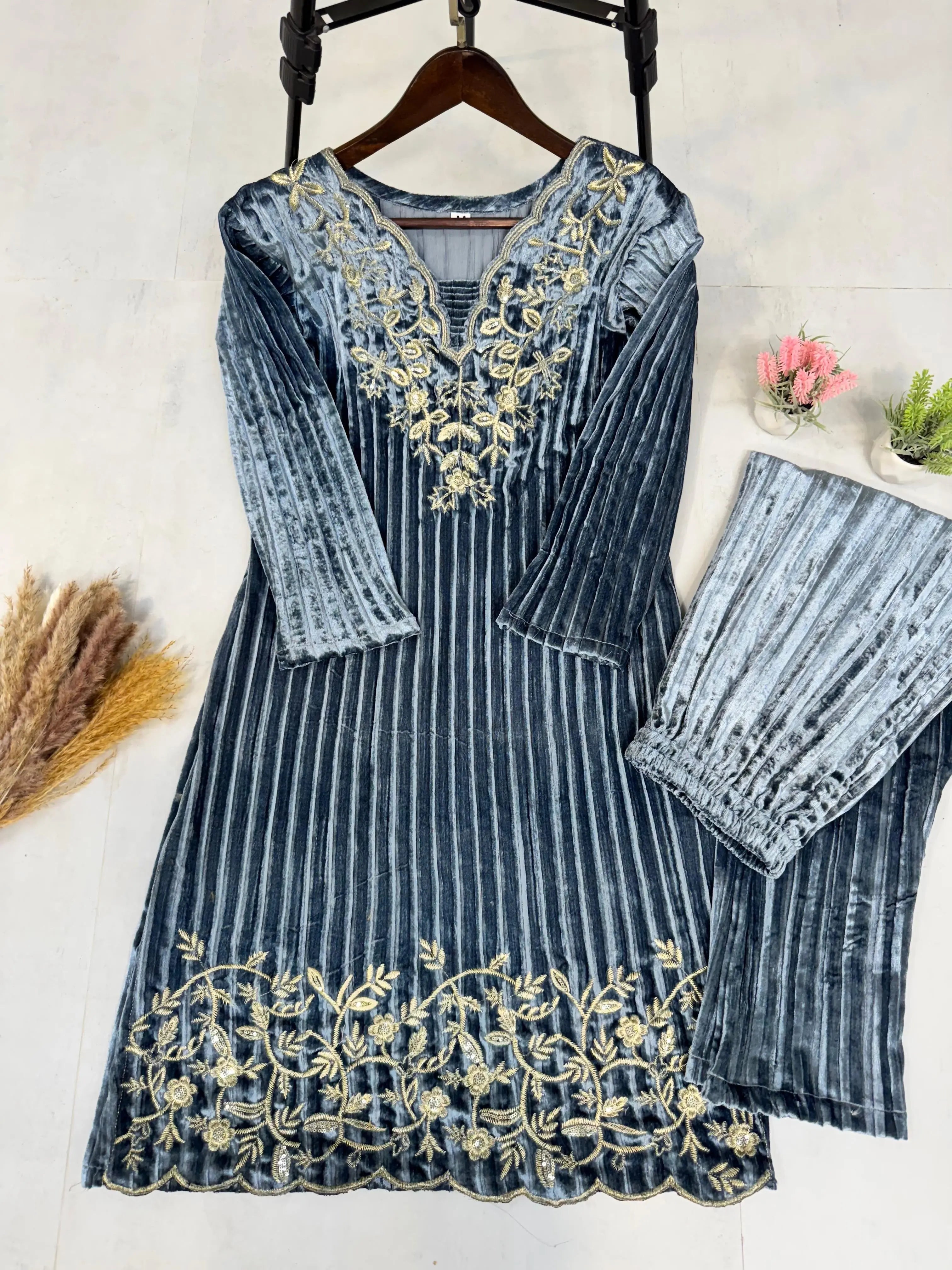 Ethenika Premium Embroidery work Winter Wear Velvet Suit