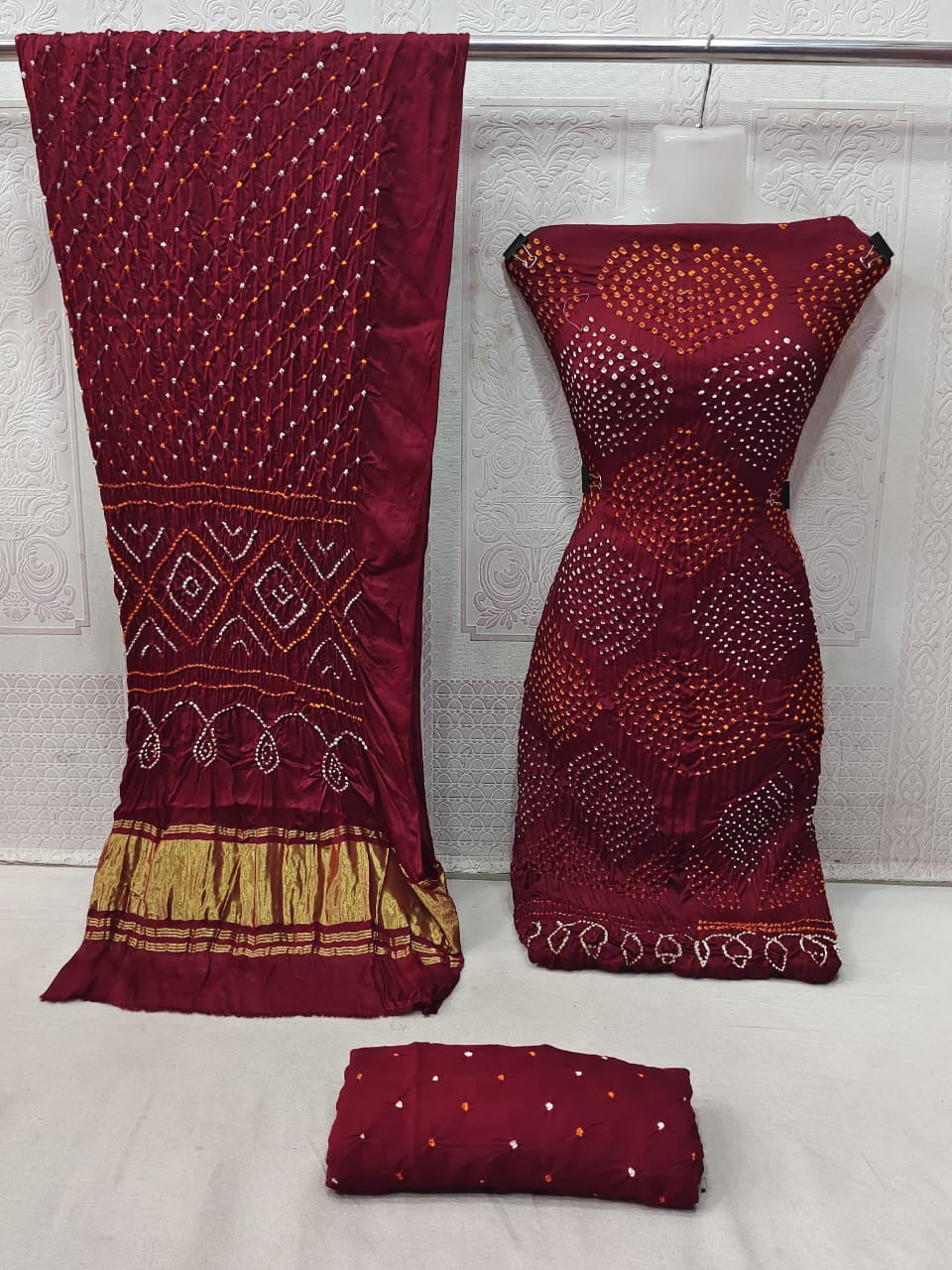 Ethenika Modal Ghazi Silk Original Kutch Hand Crafted Bandhani Dress Material